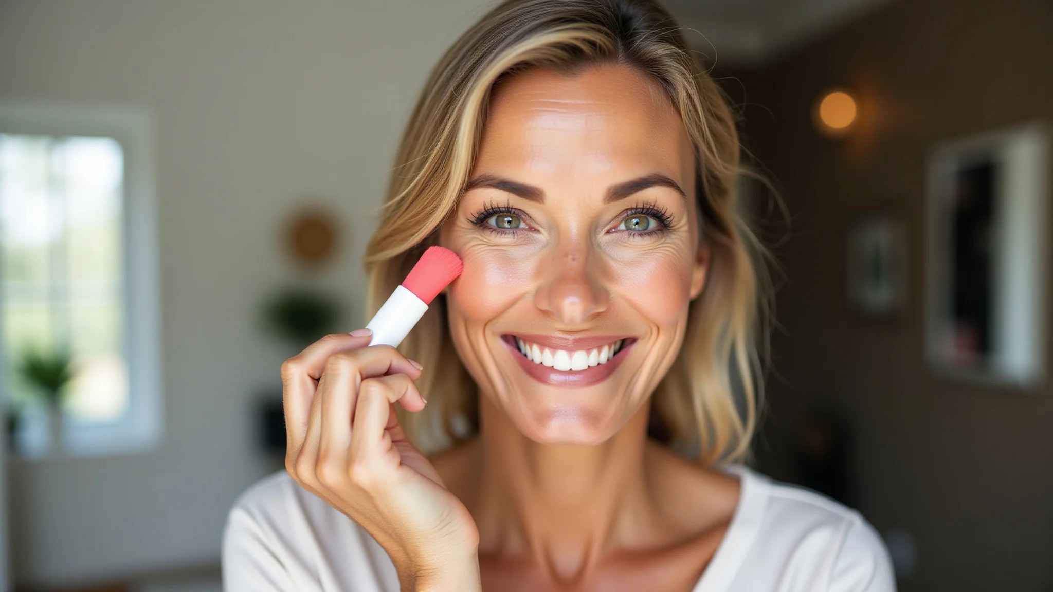 Mulher madura sorrindo enquanto aplica blush coral, fundo vibrante estilo Farm Rio.
