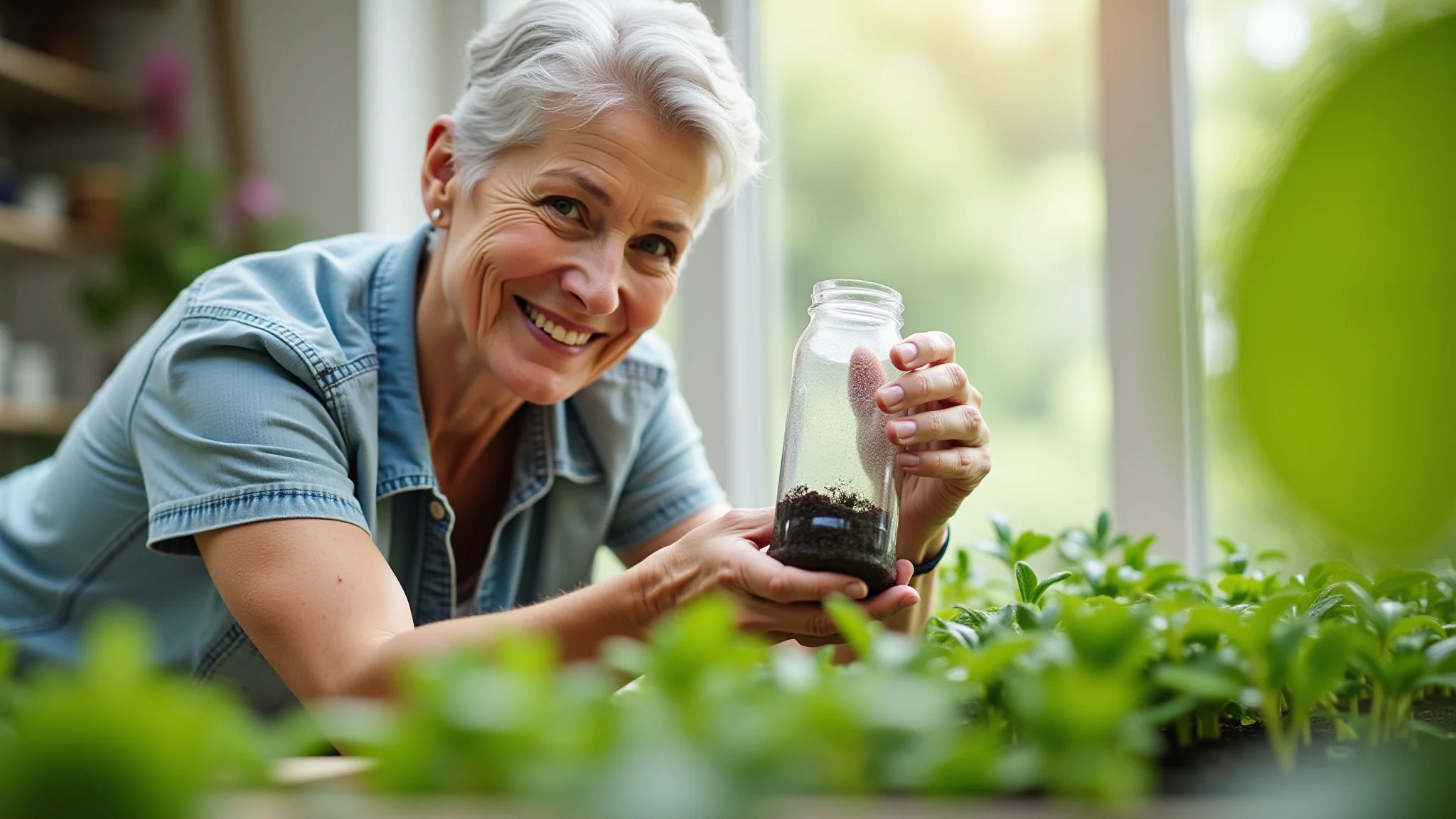 Mulher sorrindo cuidando da horta com adubo orgânico caseiro.