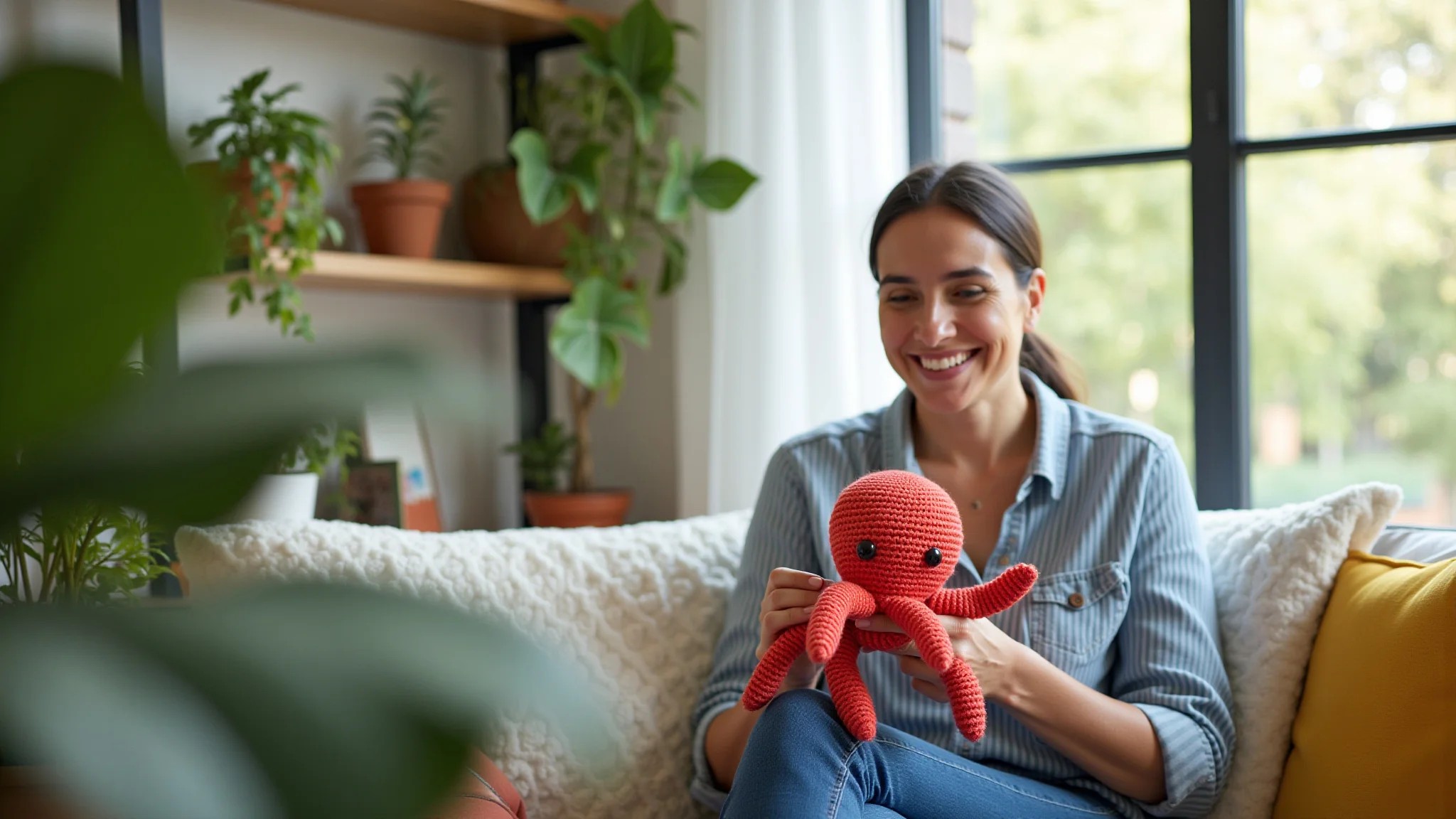 Mulher sorrindo crocheta polvo amigurumi em casa brasileira ensolarada.