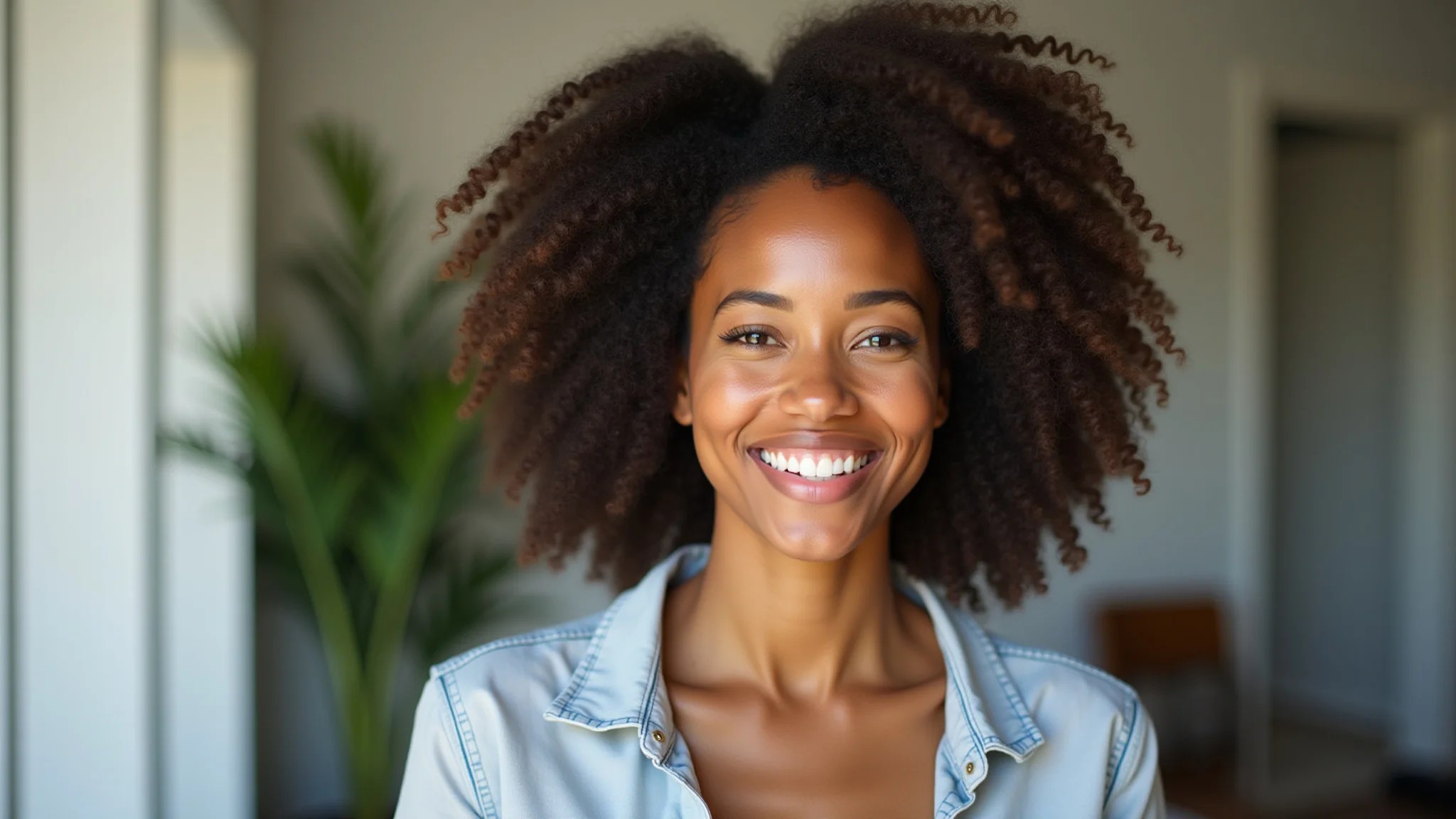Mulher sorrindo com cabelo 4A volumoso e definido após umectação e fitagem.