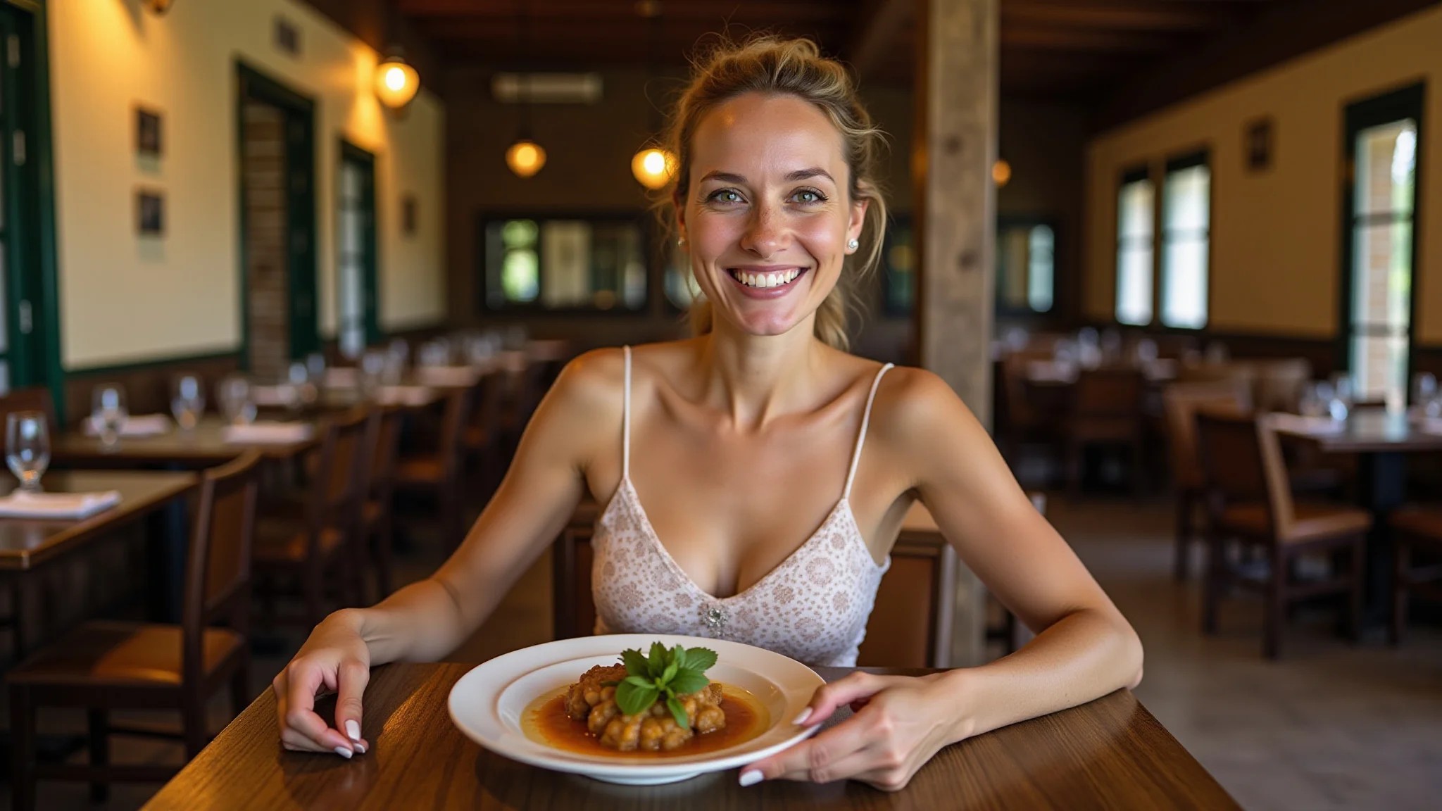 Mulher sorrindo saboreando Sururu de Capote em restaurante rústico de Maceió.
