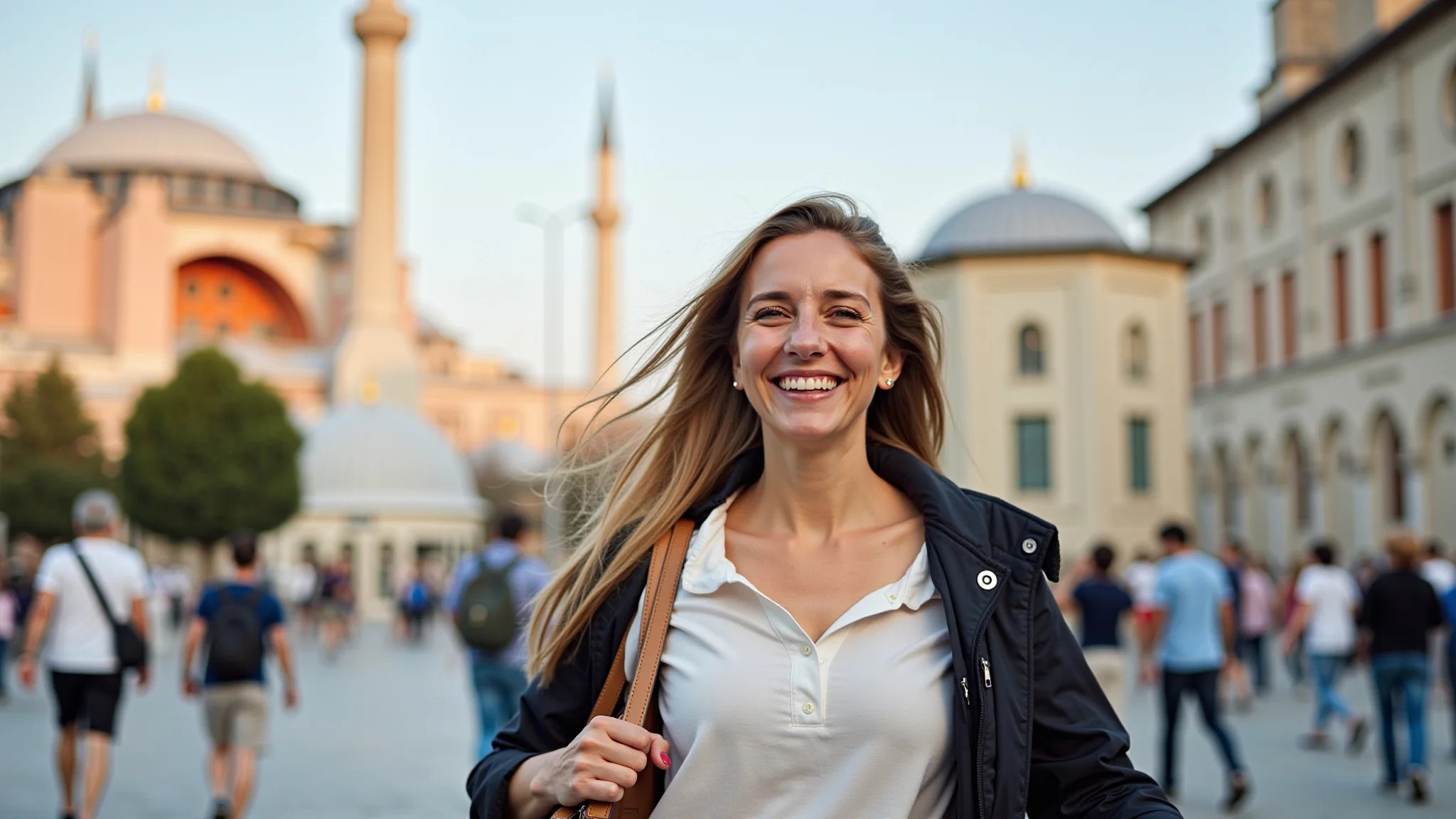 Mulher sorrindo explorando as ruas históricas de Sultanahmet, Istambul, com a Hagia Sophia ao fundo.