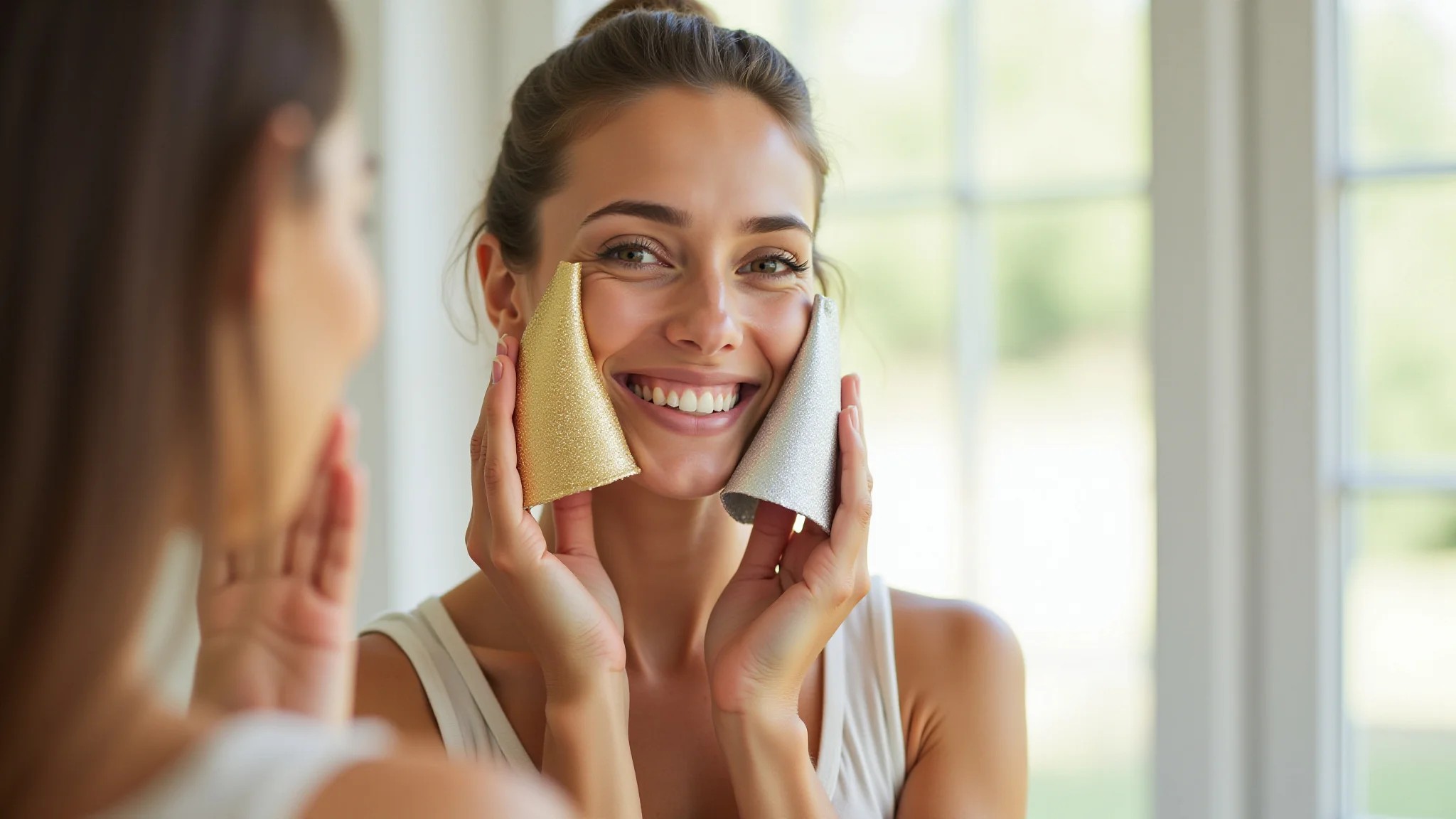 Mulher sorrindo testando tecidos dourado e prata para descobrir seu subtom de pele.