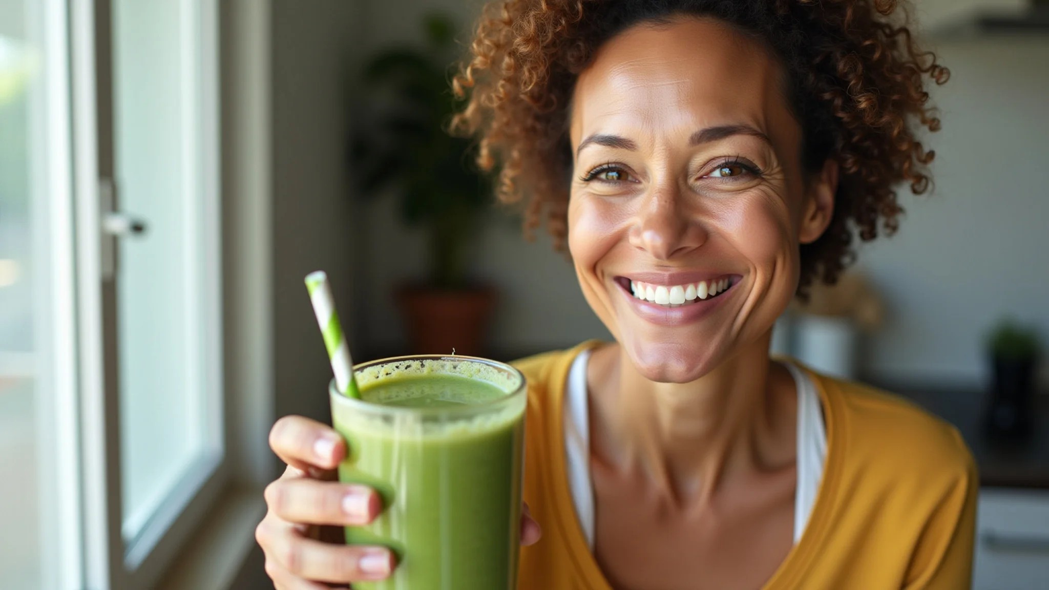 Mulher sorridente na casa dos 40, estilo de vida saudável, pele radiante, segurando um smoothie verde.