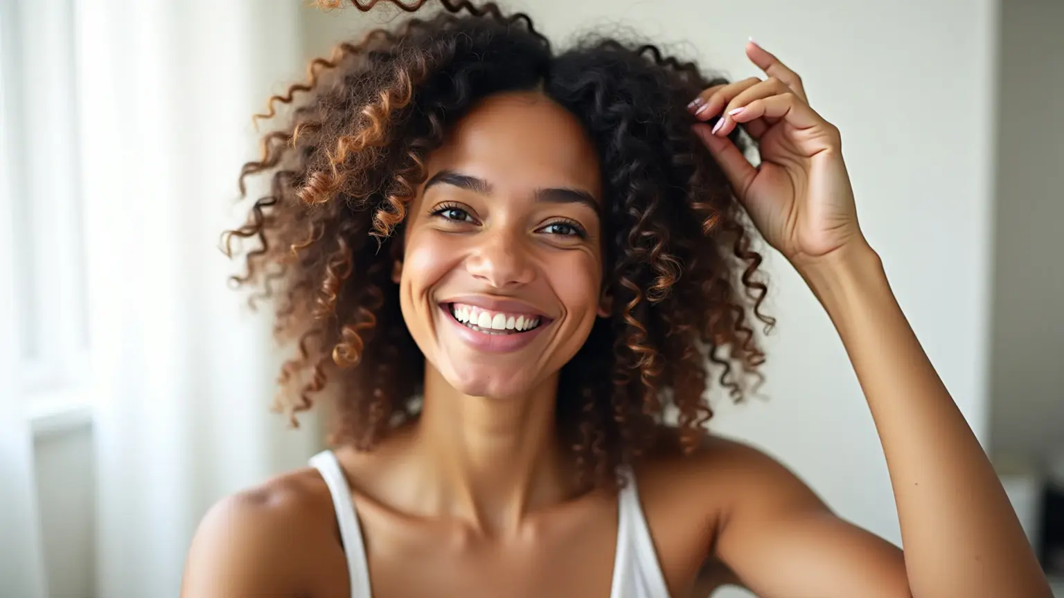 Mulher sorrindo com cabelo em transição usando ativador de cachos.