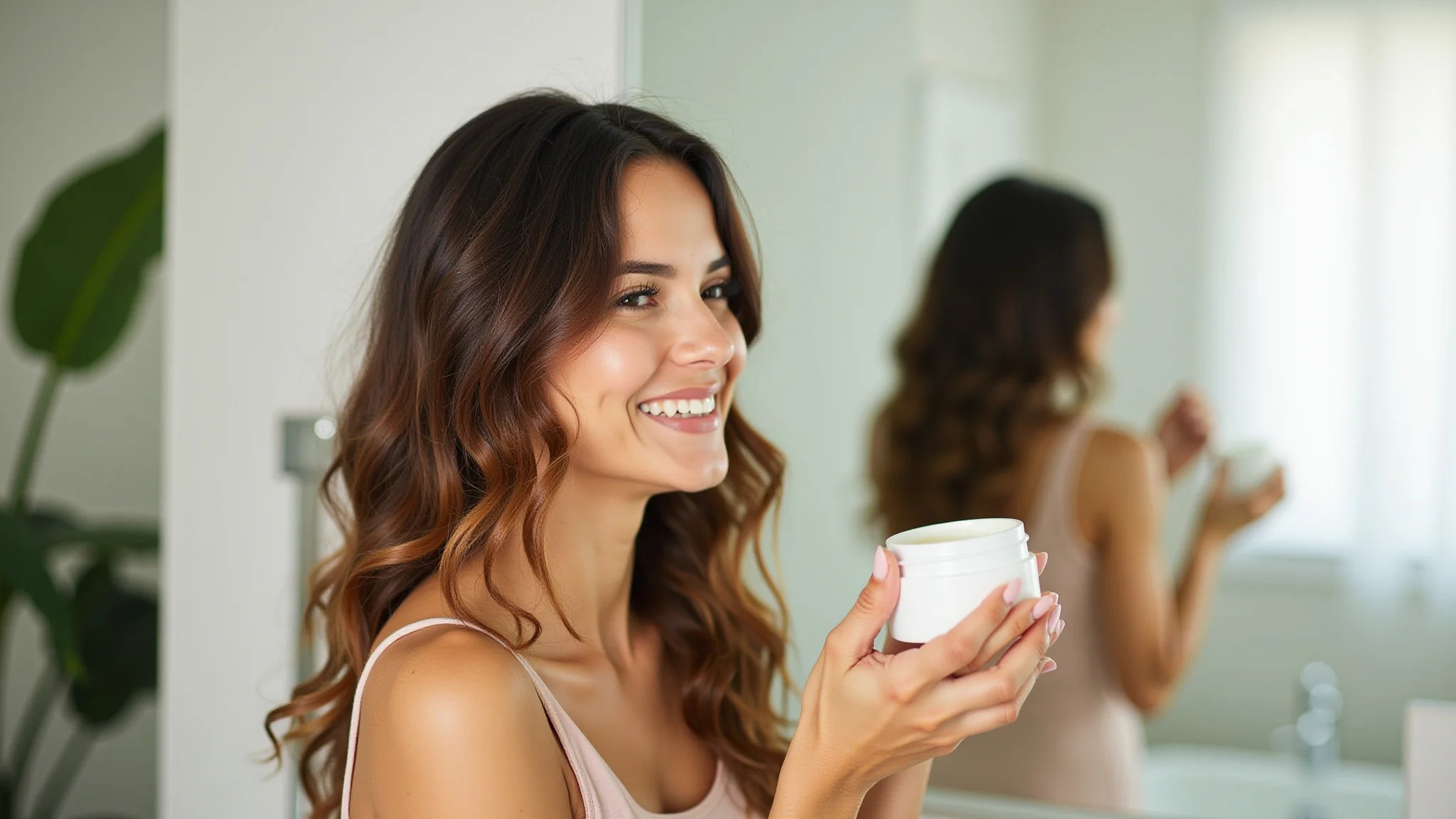 Mulher sorrindo aplicando creme para cabelo ondulado em banheiro iluminado.