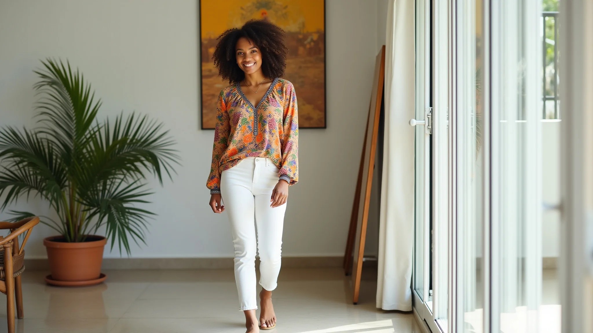 Mulher brasileira estilosa usando calça branca reta e blusa colorida em ambiente vibrante.