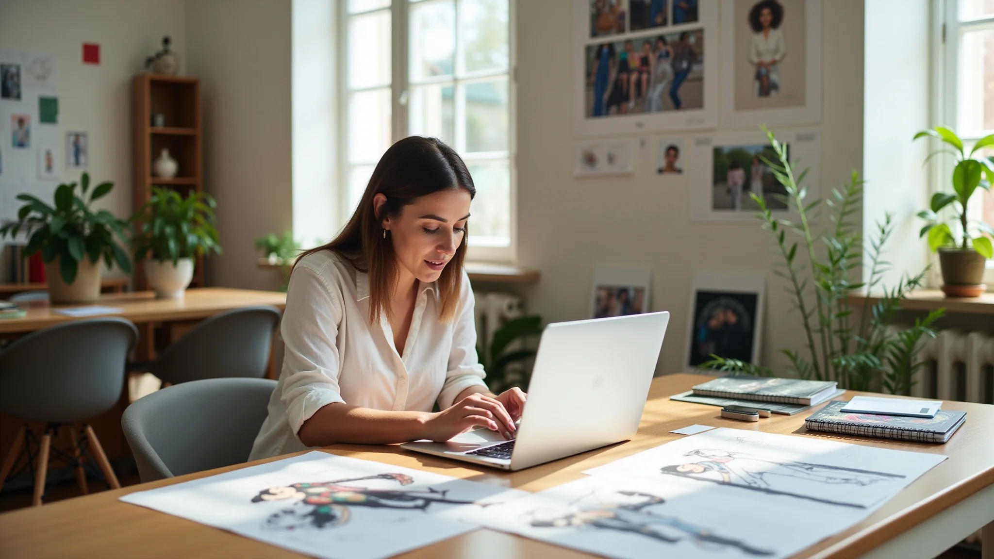 Mulher brasileira estilosa trabalhando em marketing de moda digital em um escritório vibrante.