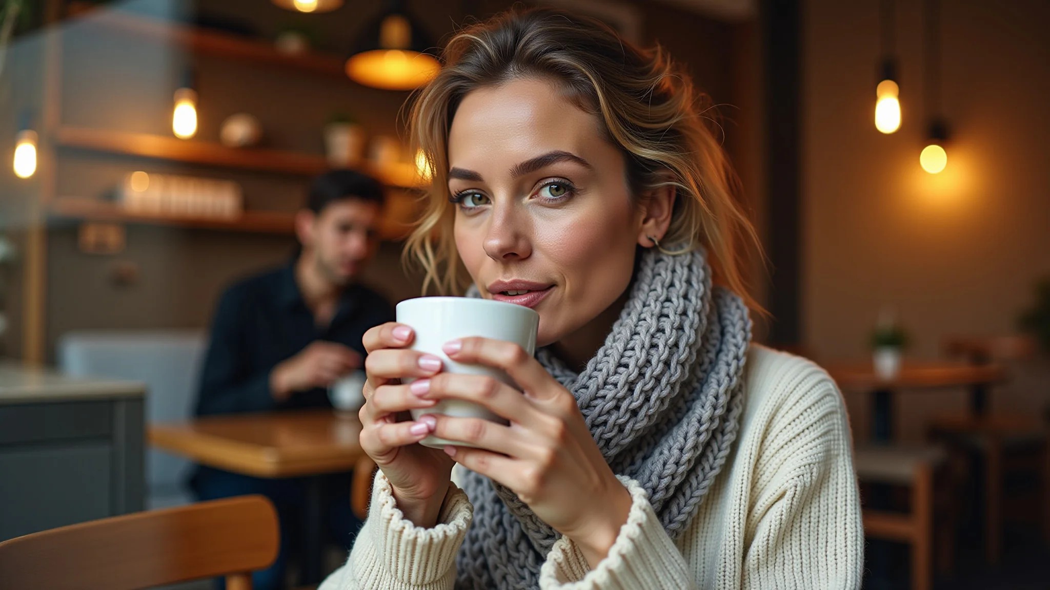 Mulher brasileira estilosa com suéter e cachecol em café aconchegante.