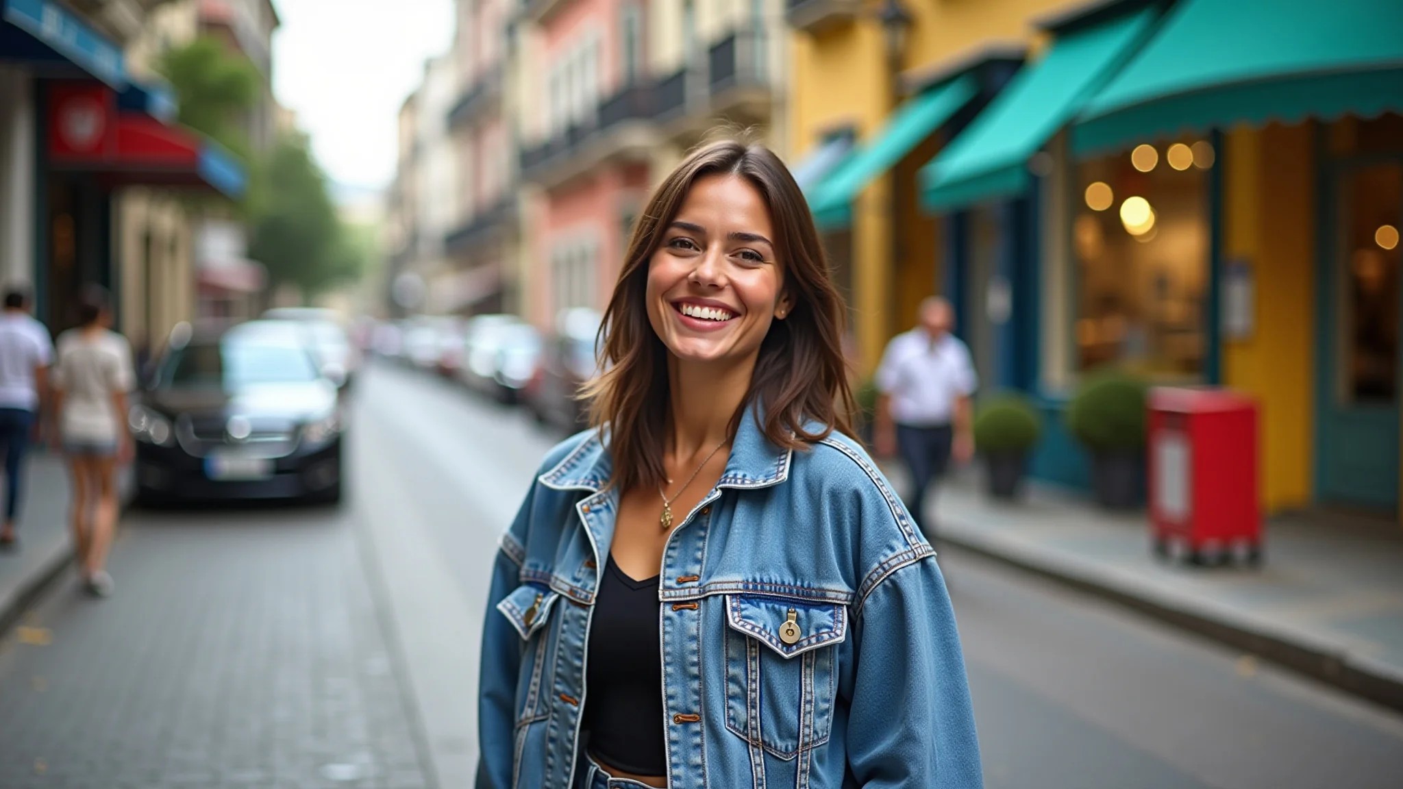 Mulher brasileira estilosa em ambiente urbano vibrante, usando jaqueta jeans oversized e sorrindo.
