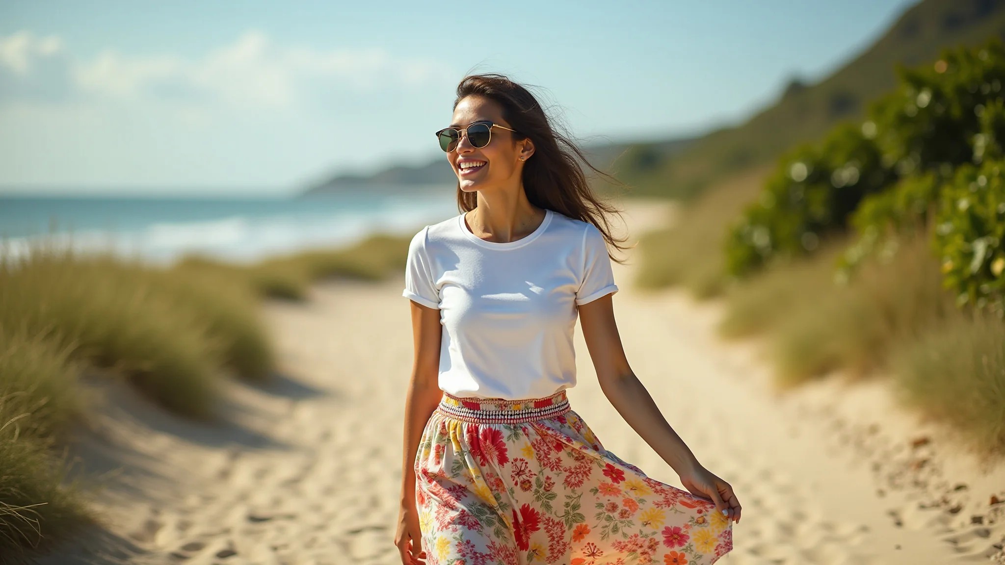 Mulher brasileira estilosa com saia longa estampada floral e camiseta branca em dia ensolarado.