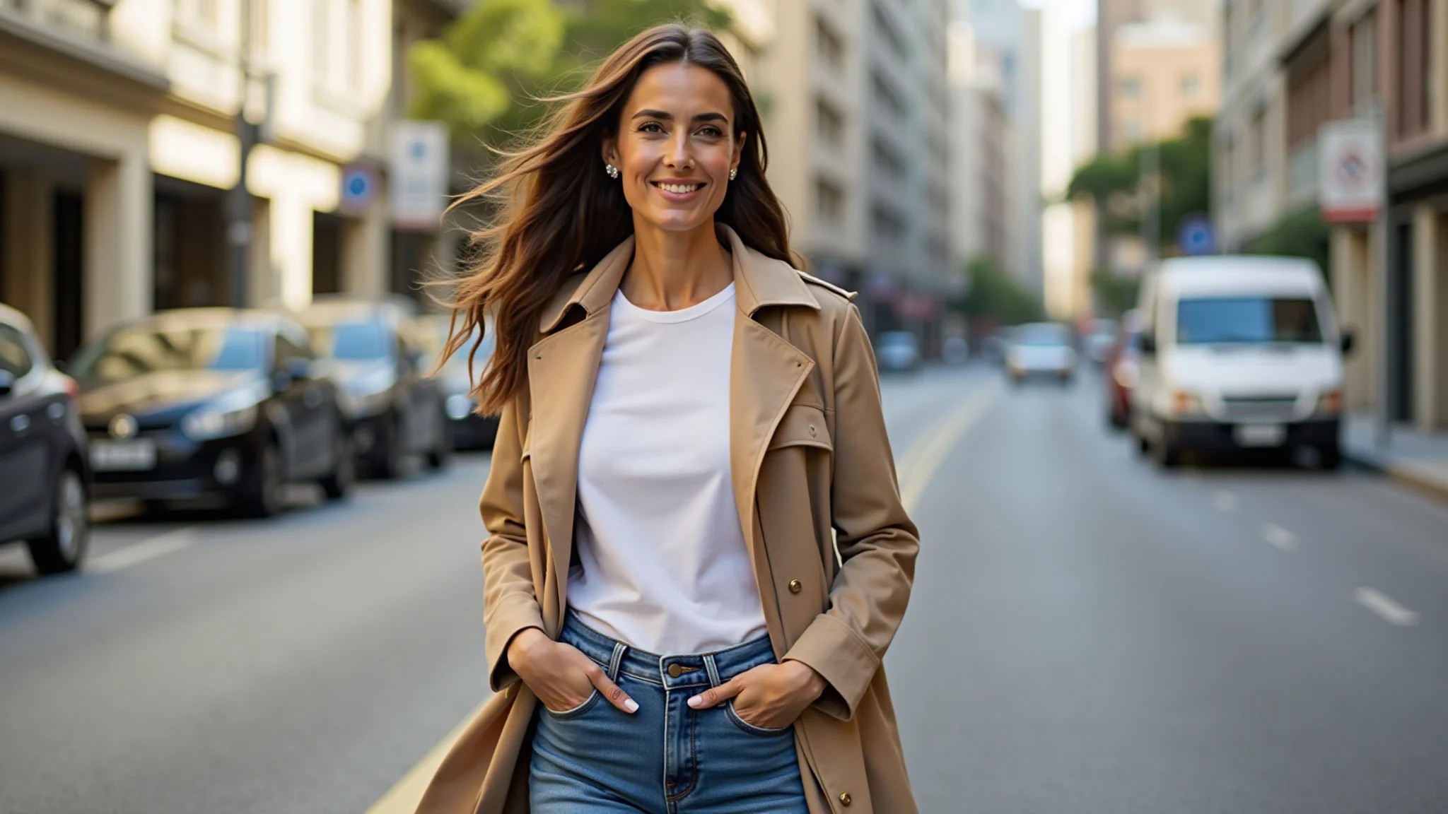 Mulher brasileira estilosa com trench coat bege, jeans e camiseta branca andando em rua ensolarada de São Paulo.
