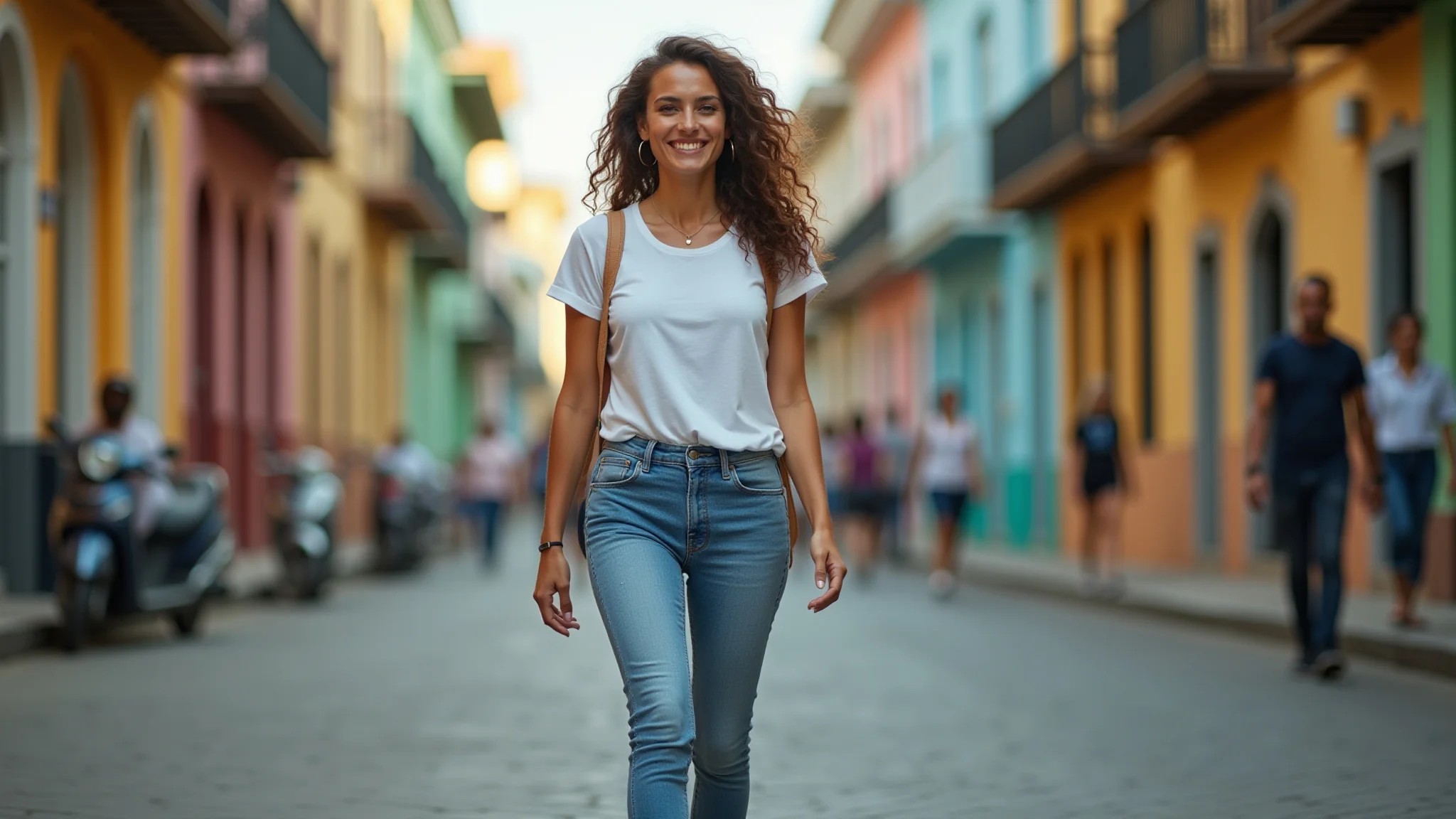 Mulher brasileira estilosa com mom jeans, camiseta branca e tênis andando em rua vibrante do Rio.