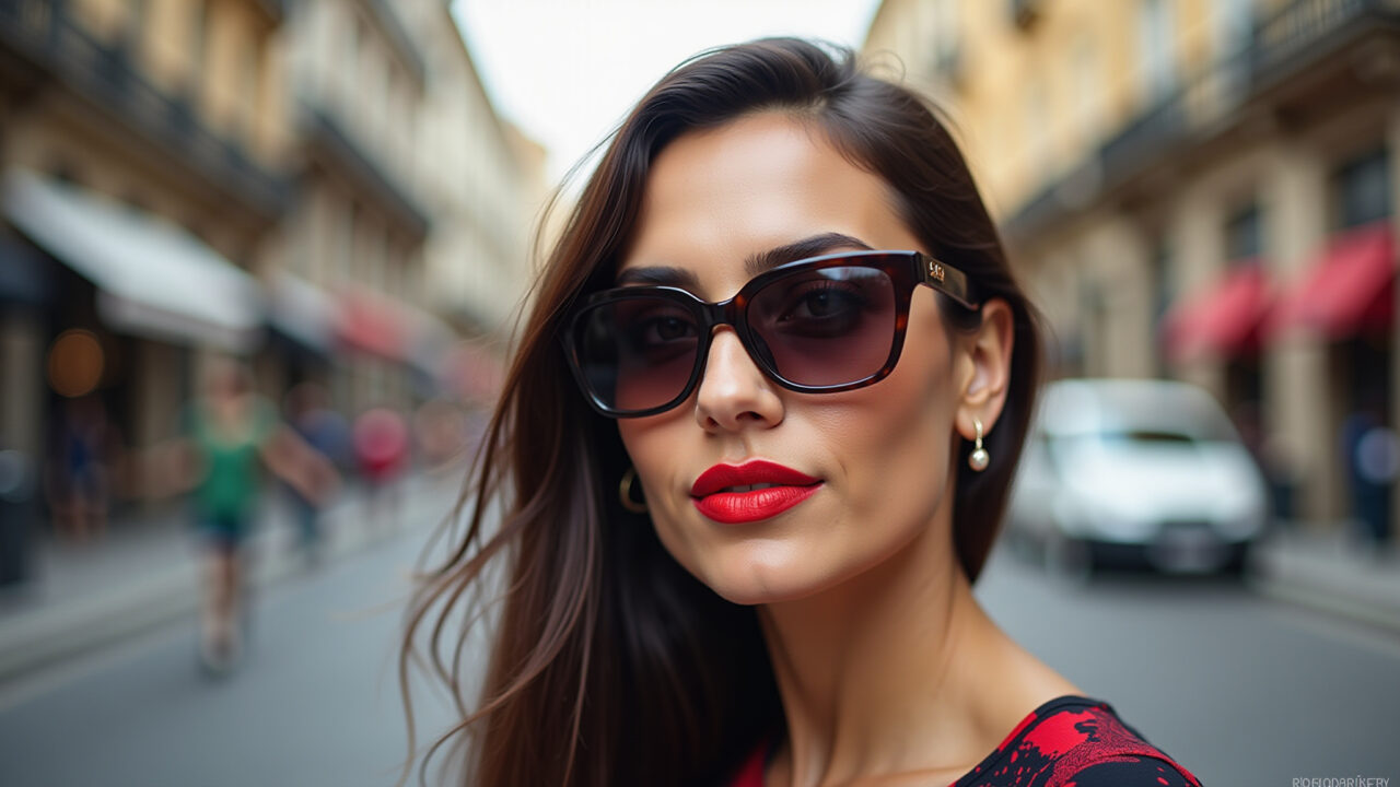 Mulher com batom vermelho e óculos de sol.