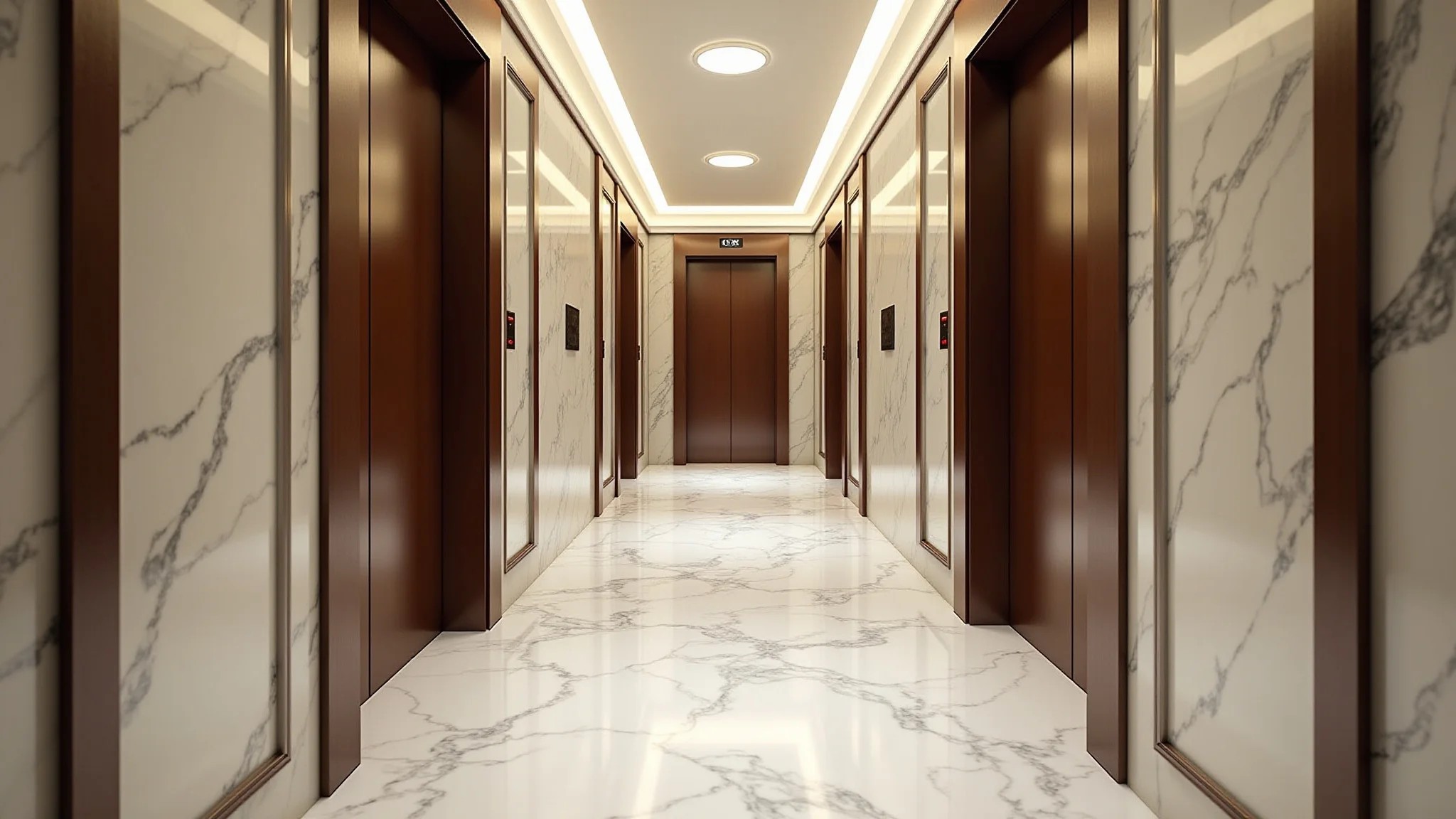 Hall de elevador estiloso com piso de mármore, mostrando veios luxuosos e superfície polida.