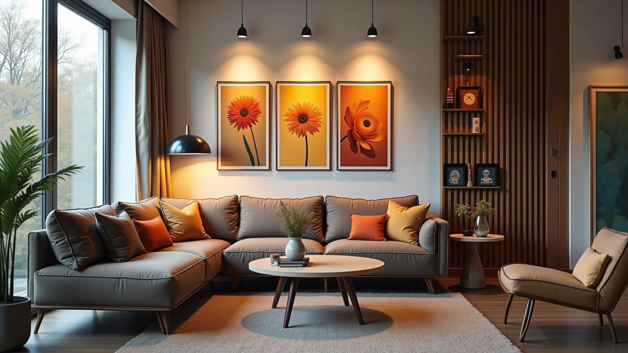 Sala de estar elegante com quadros iluminados.
