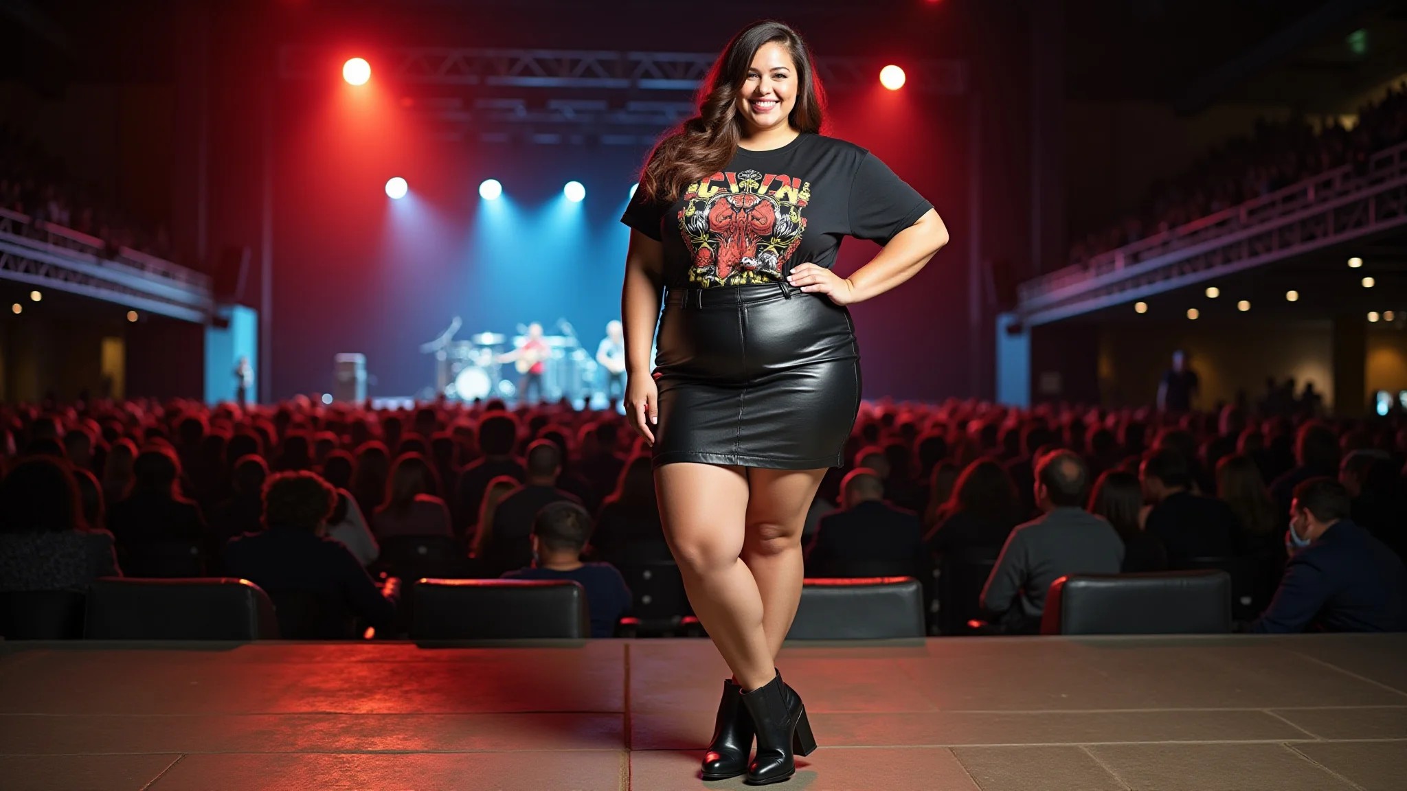 Mulher plus-size estilosa posando confiante em show de rock com saia de couro e camiseta de banda.