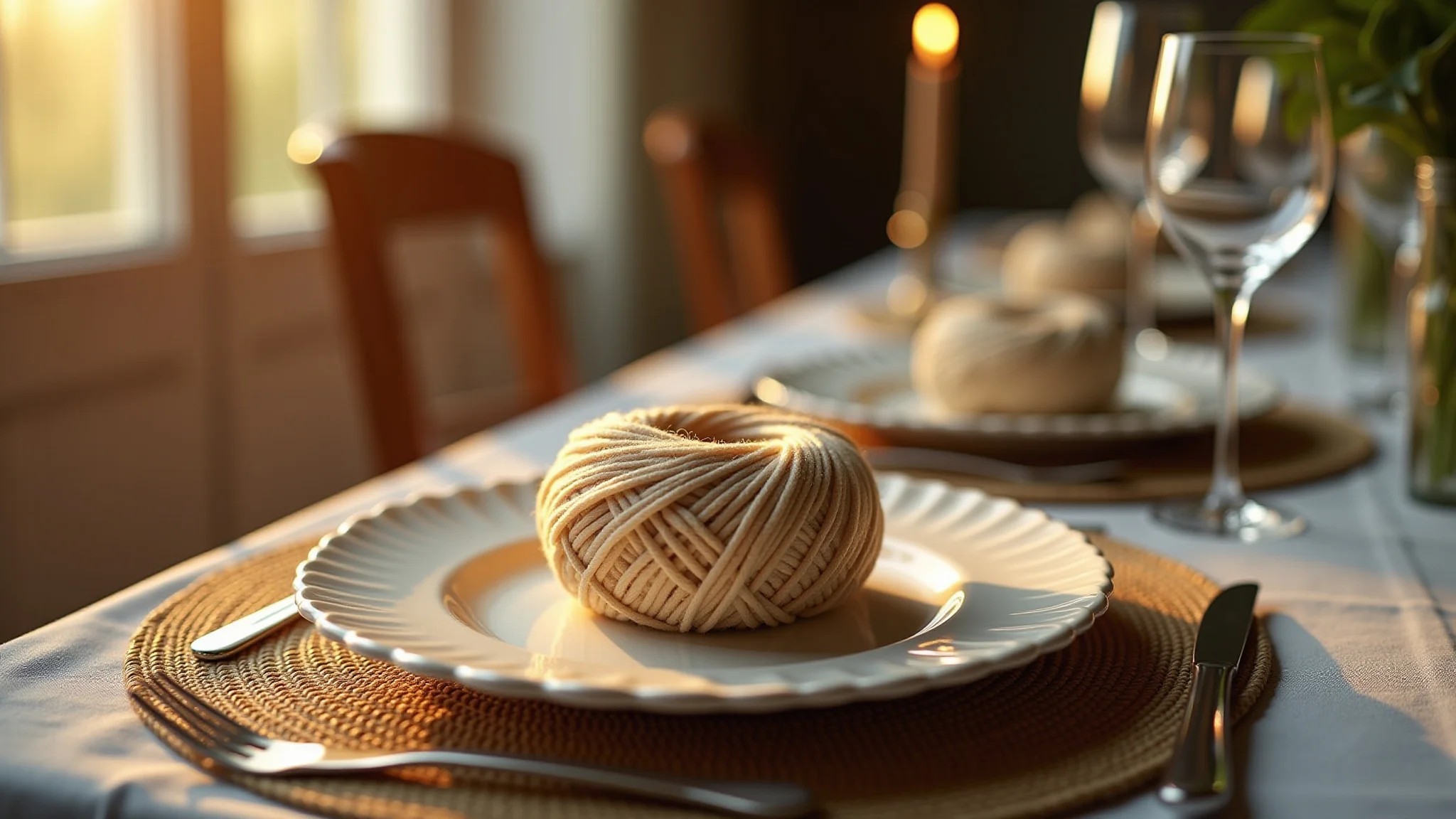 Mesa posta com sousplats de barbante elegantes, charme e elegância.