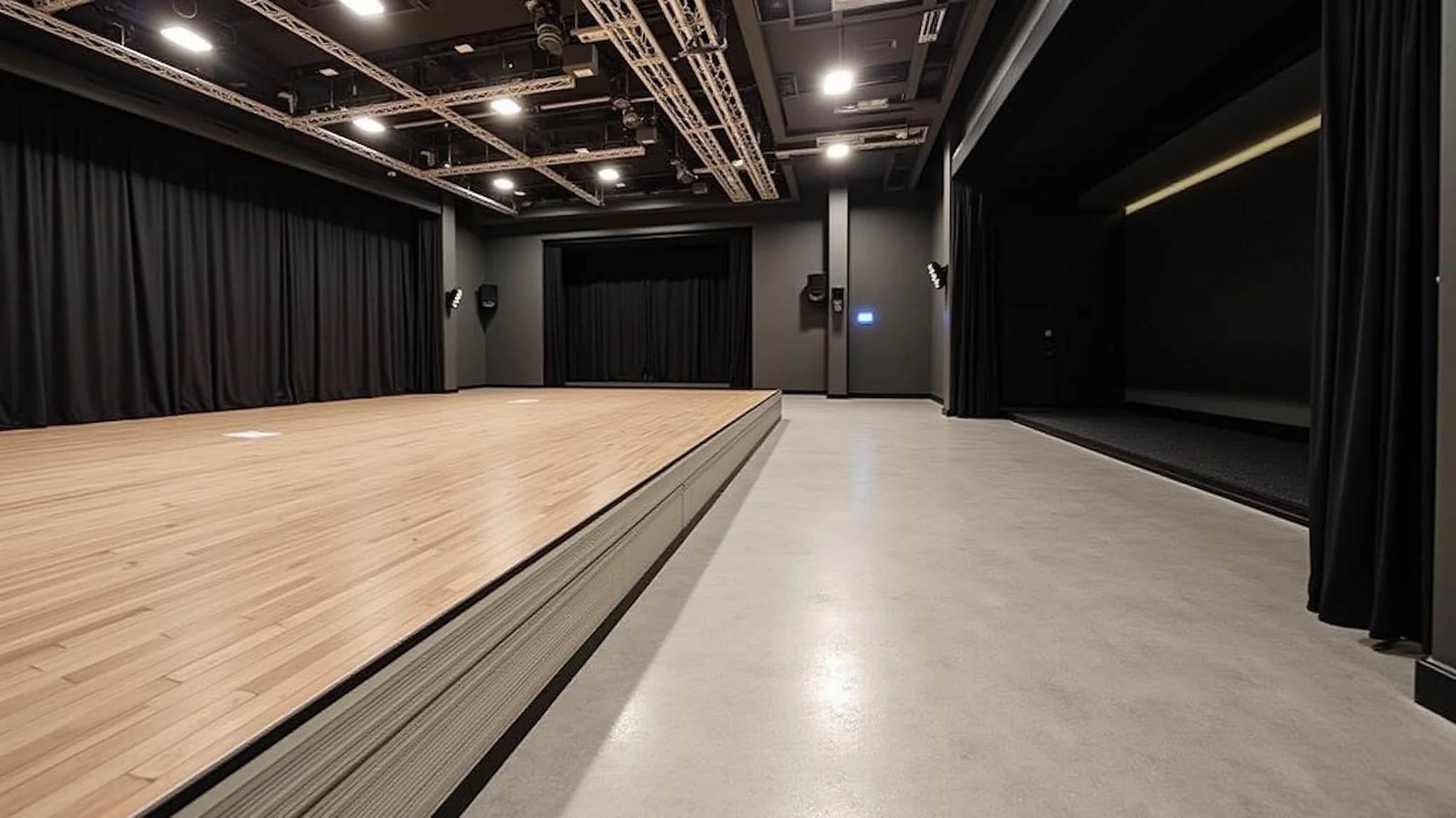Bastidores de um teatro mostrando novo piso e maquinário de palco.