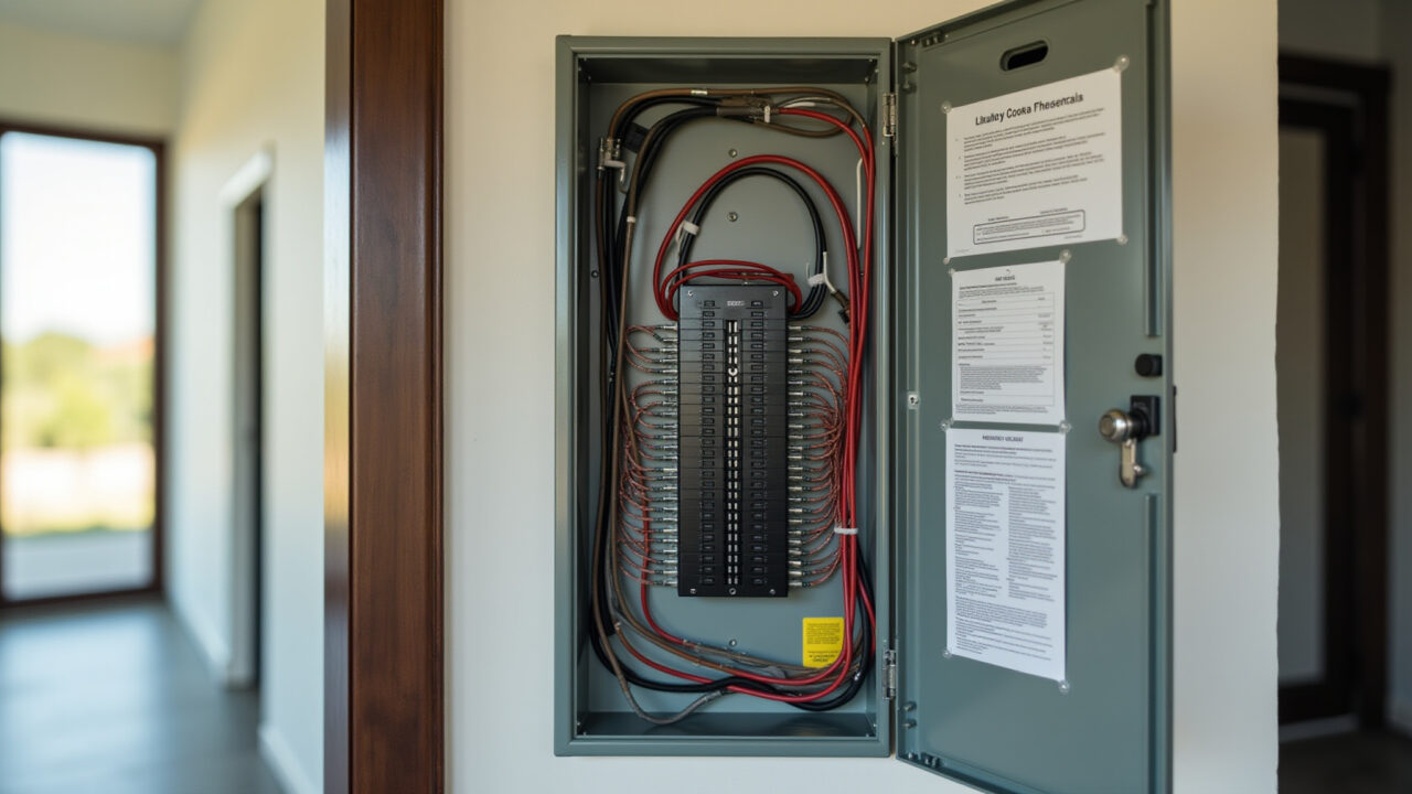 Painel elétrico organizado com circuitos identificados em casa moderna.