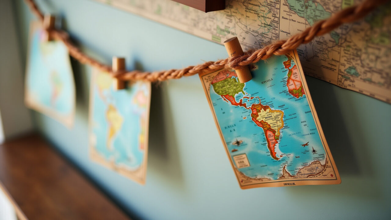 Varal de fotos temático com mapas antigos.