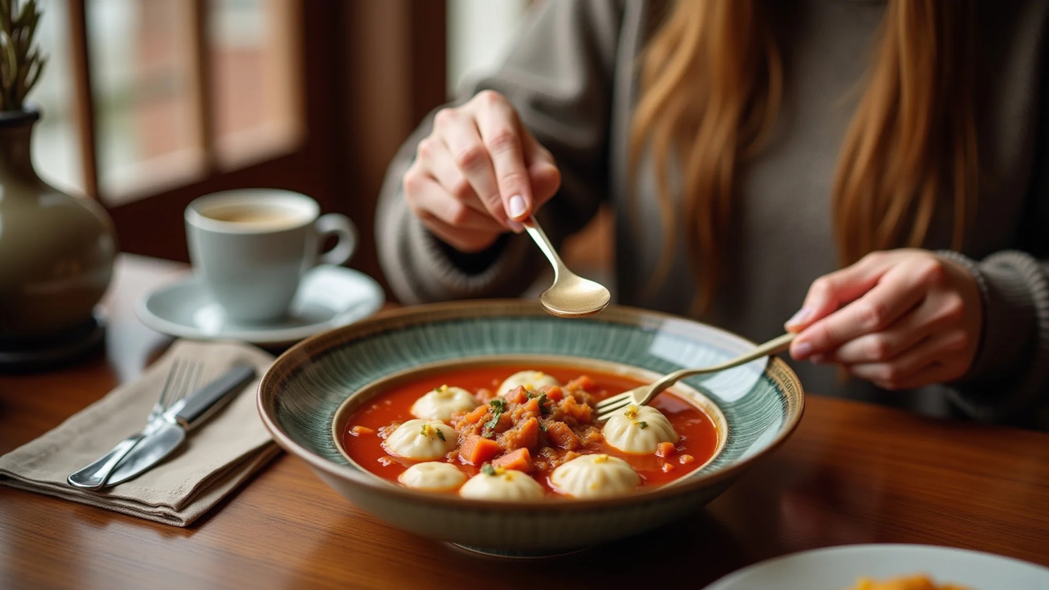 Turista saboreando uma refeição russa tradicional com borsch e pelmeni.
