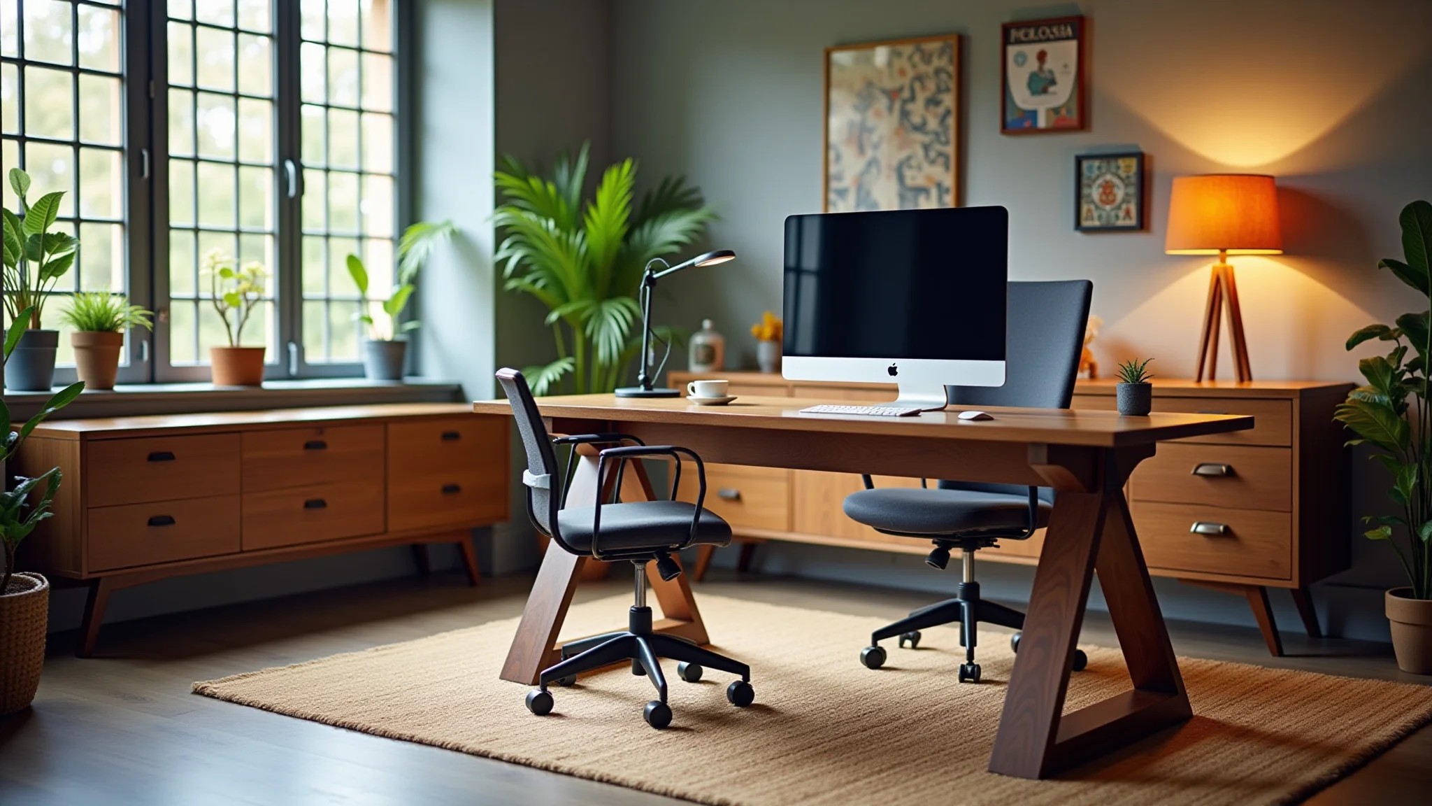 Mesa cavalete com estilo industrial em home office moderno.