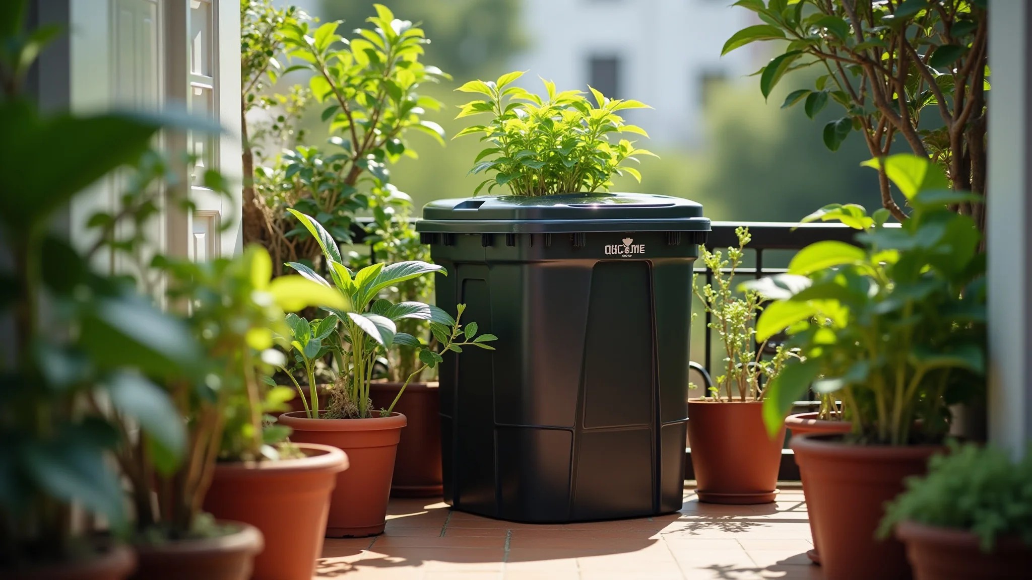 Composteira vertical em varanda de apartamento ensolarada, cercada por plantas.