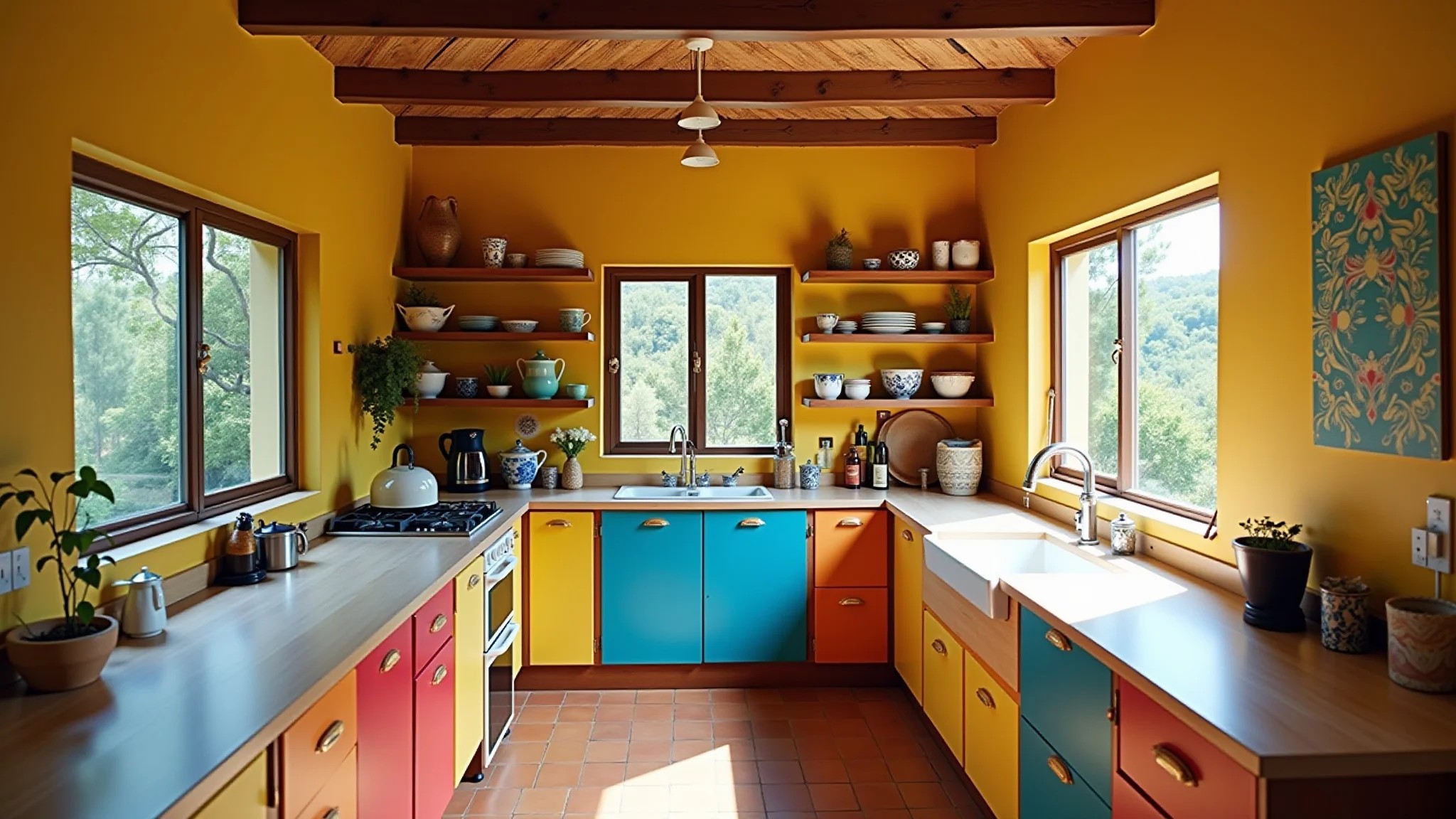 Cozinha vibrante com armários coloridos até o teto e decoração Farm Rio.