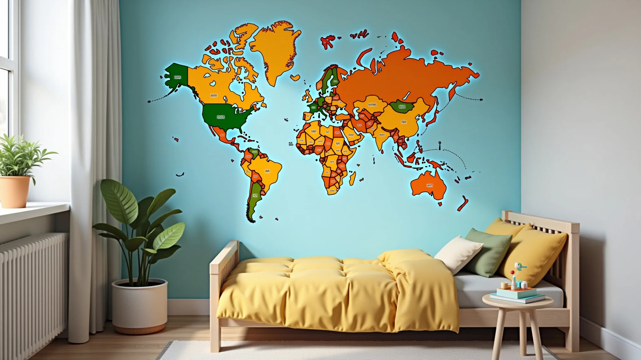 Quarto infantil vibrante com adesivo de parede de mapa mundi, estilo Farm Rio.