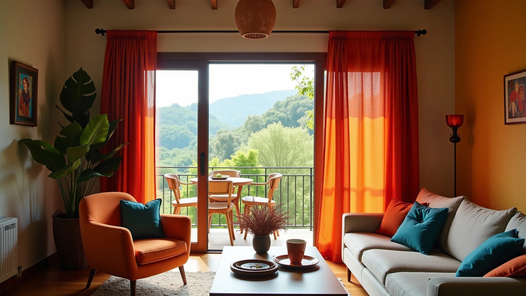 Sala colorida com cortina de cápsulas de café, decoração estilo Farm Rio.