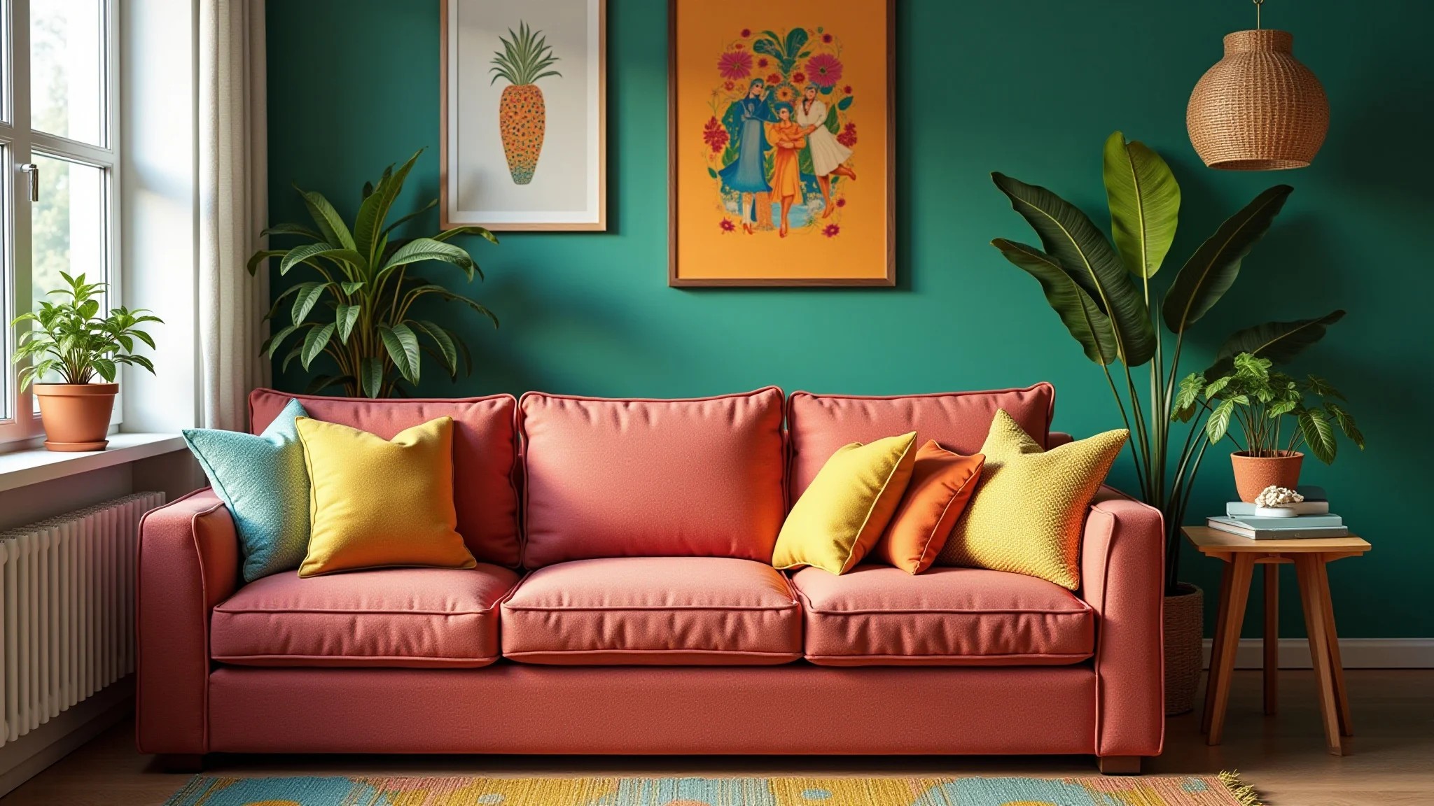 Sala de estar vibrante com sofá colorido, design brasileiro, plantas e luz natural.