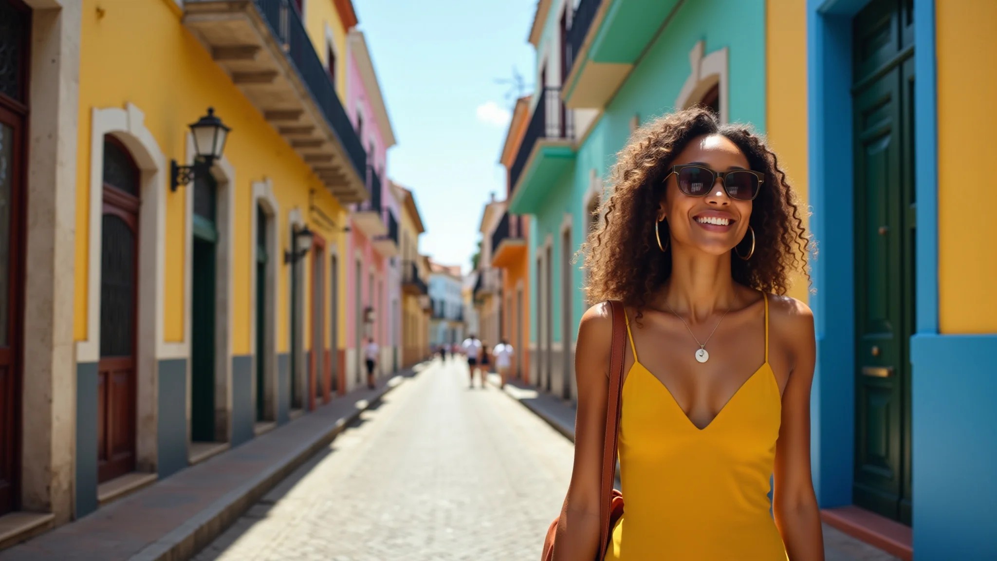 Mulher vibrante explorando as ruas coloridas de Cartagena, arquitetura colonial.