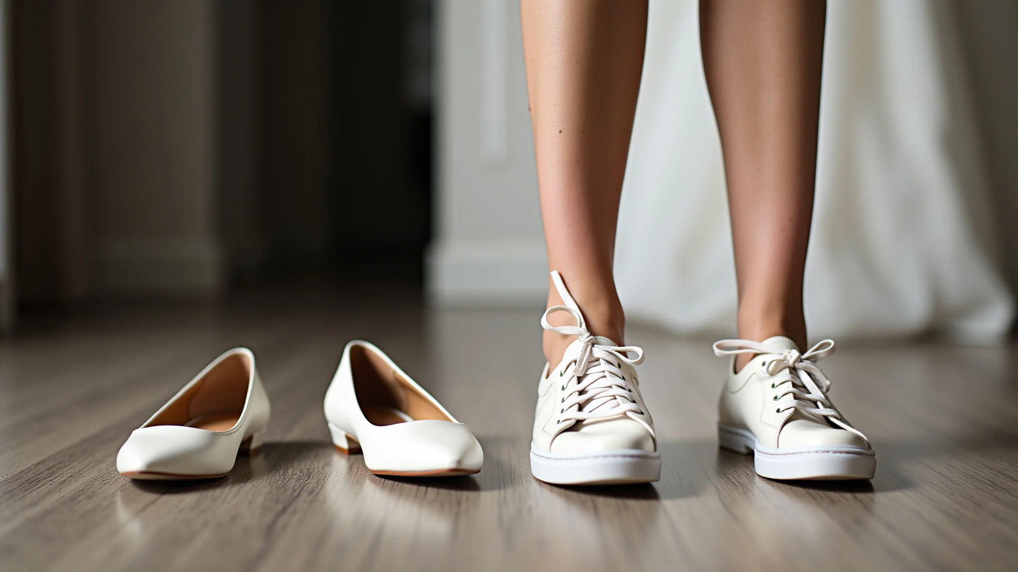 Convidada de casamento escolhendo entre tênis branco e sapatilhas elegantes.