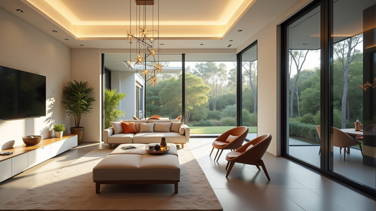 Interior de casa bem iluminado com grandes janelas e luminárias LED.