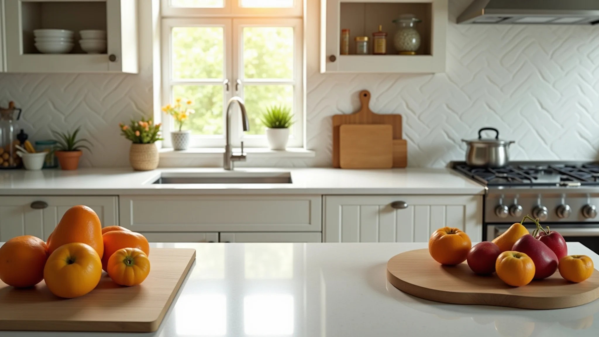 Cozinha organizada com frutas frescas, bancadas limpas e luz natural, refletindo o Feng Shui.