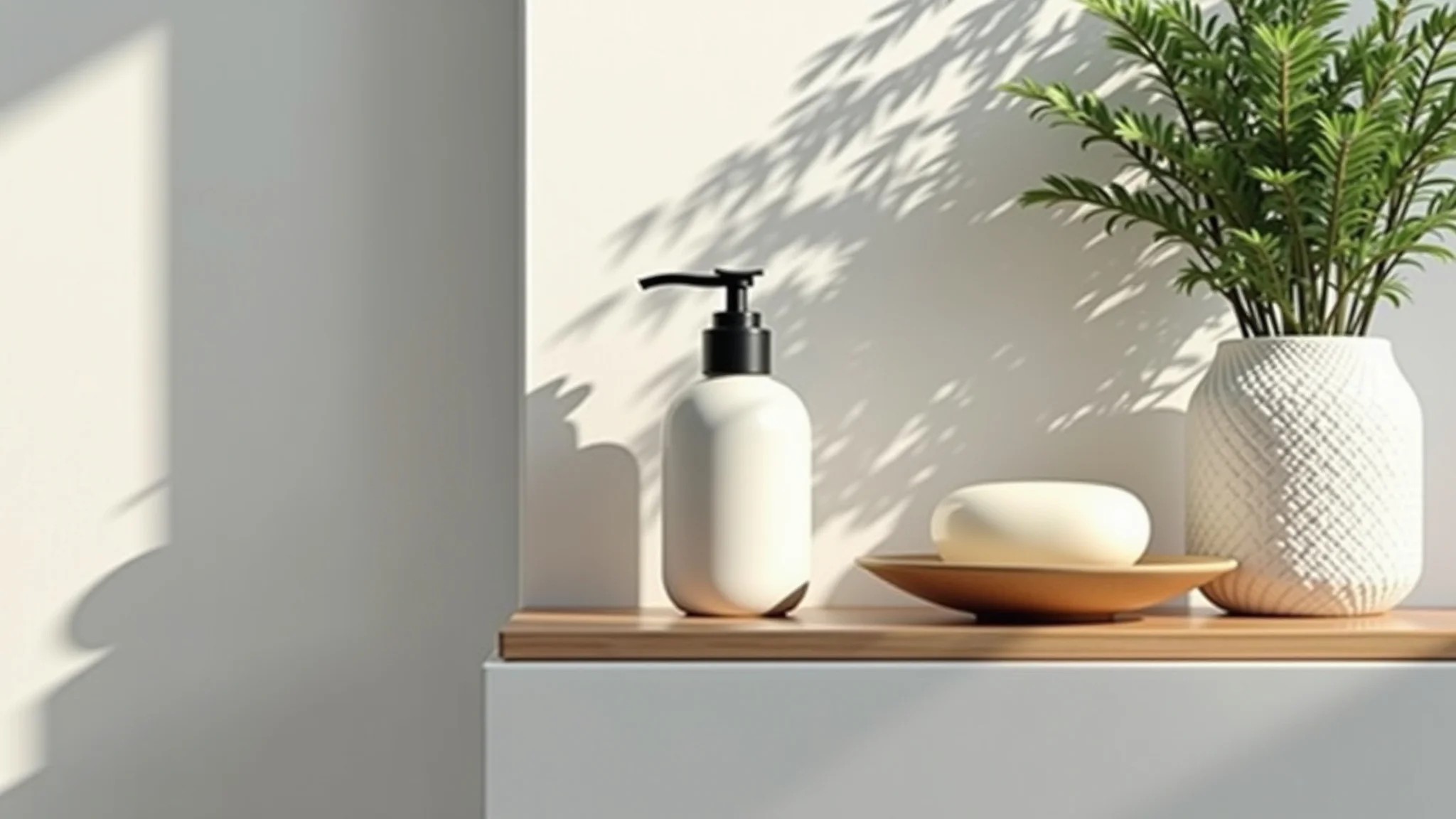 Banheiro pequeno organizado com kit minimalista, saboneteira e planta.