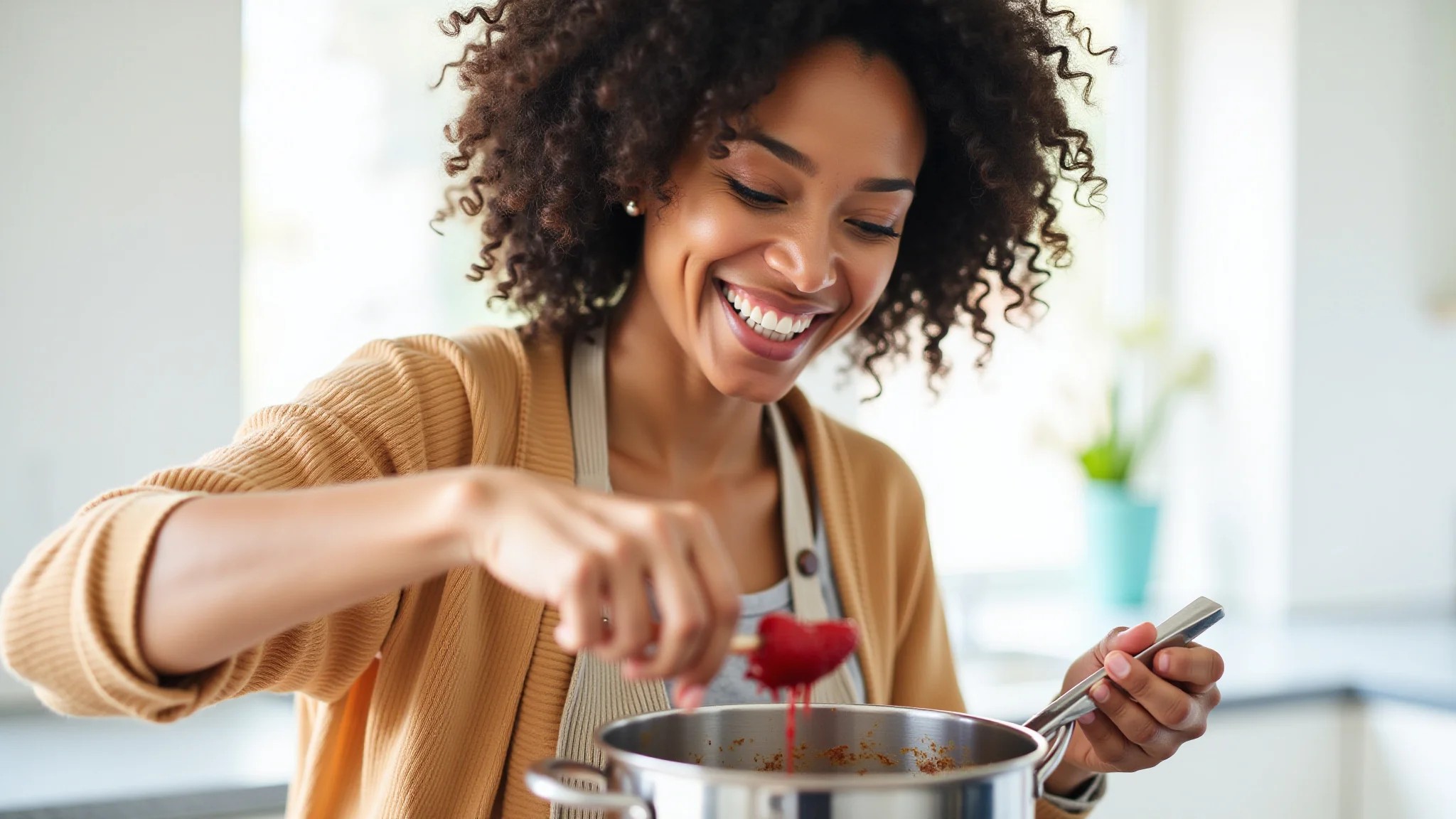 Mulher sorrindo enquanto mexe geleia de morango em uma panela na cozinha.