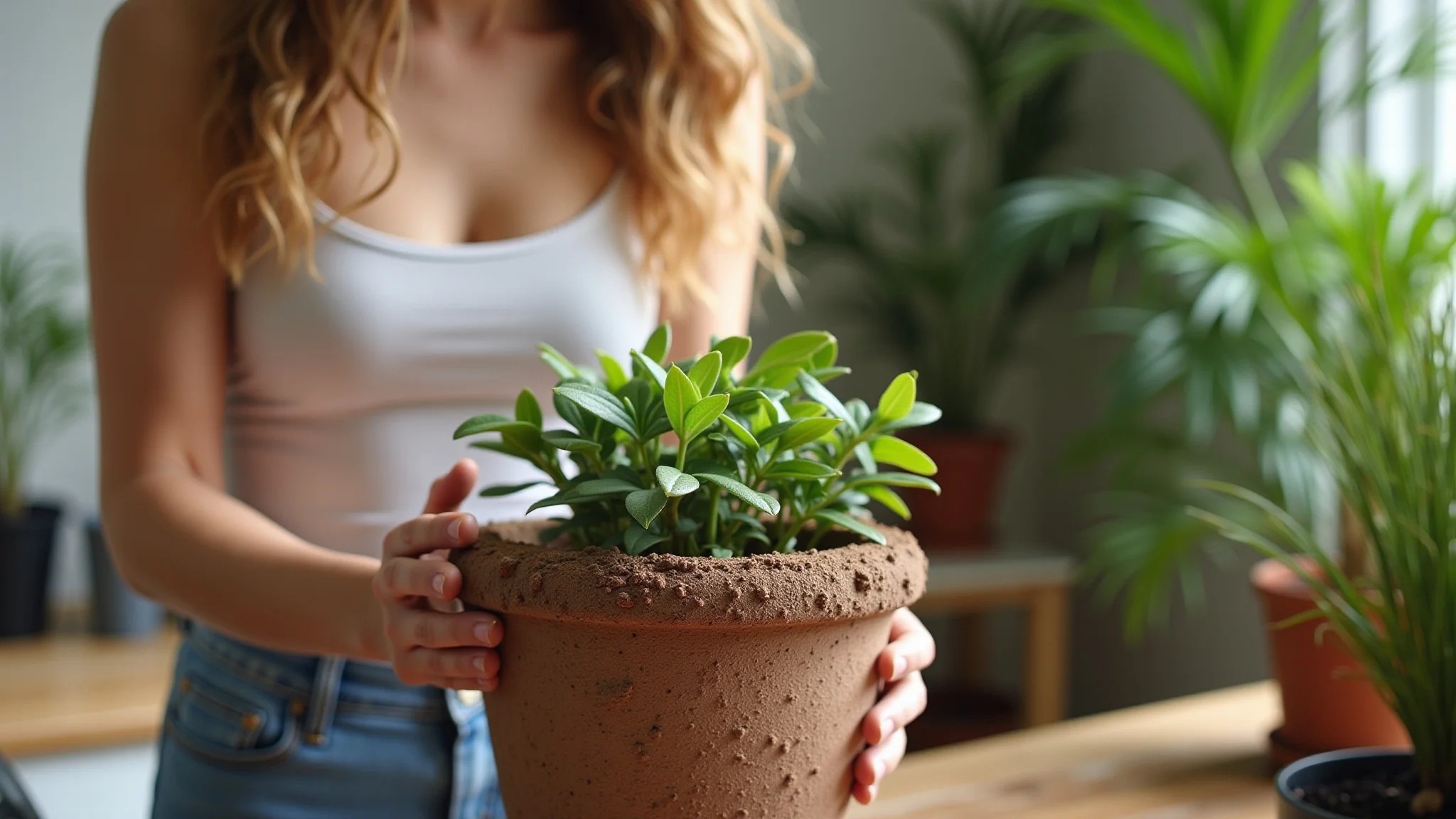 Mulher adicionando argila expandida em vaso de planta para drenagem.