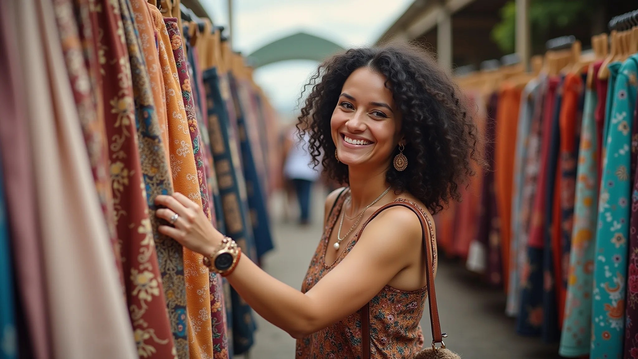 Mulher observando artesanato na Feira Hippie em Belo Horizonte, tecidos e joias coloridas.