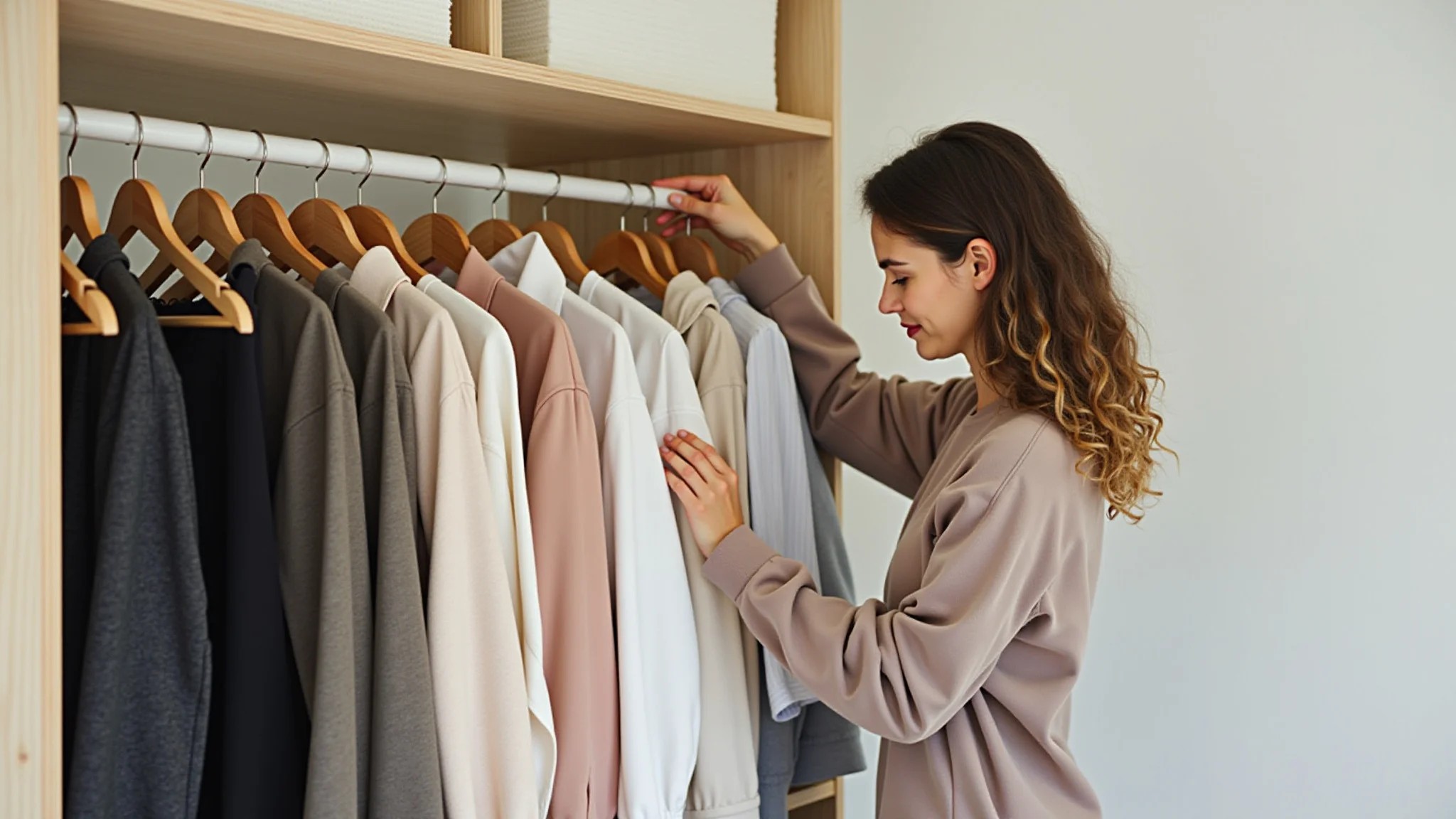 Mulher escolhendo roupas de um guarda-roupa minimalista com peças-chave e cores neutras.