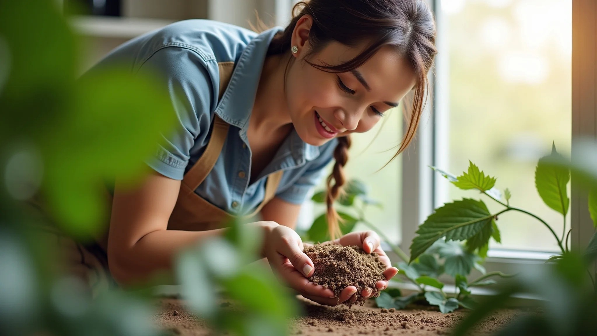 Mulher escolhendo material de drenagem para suas plantas.