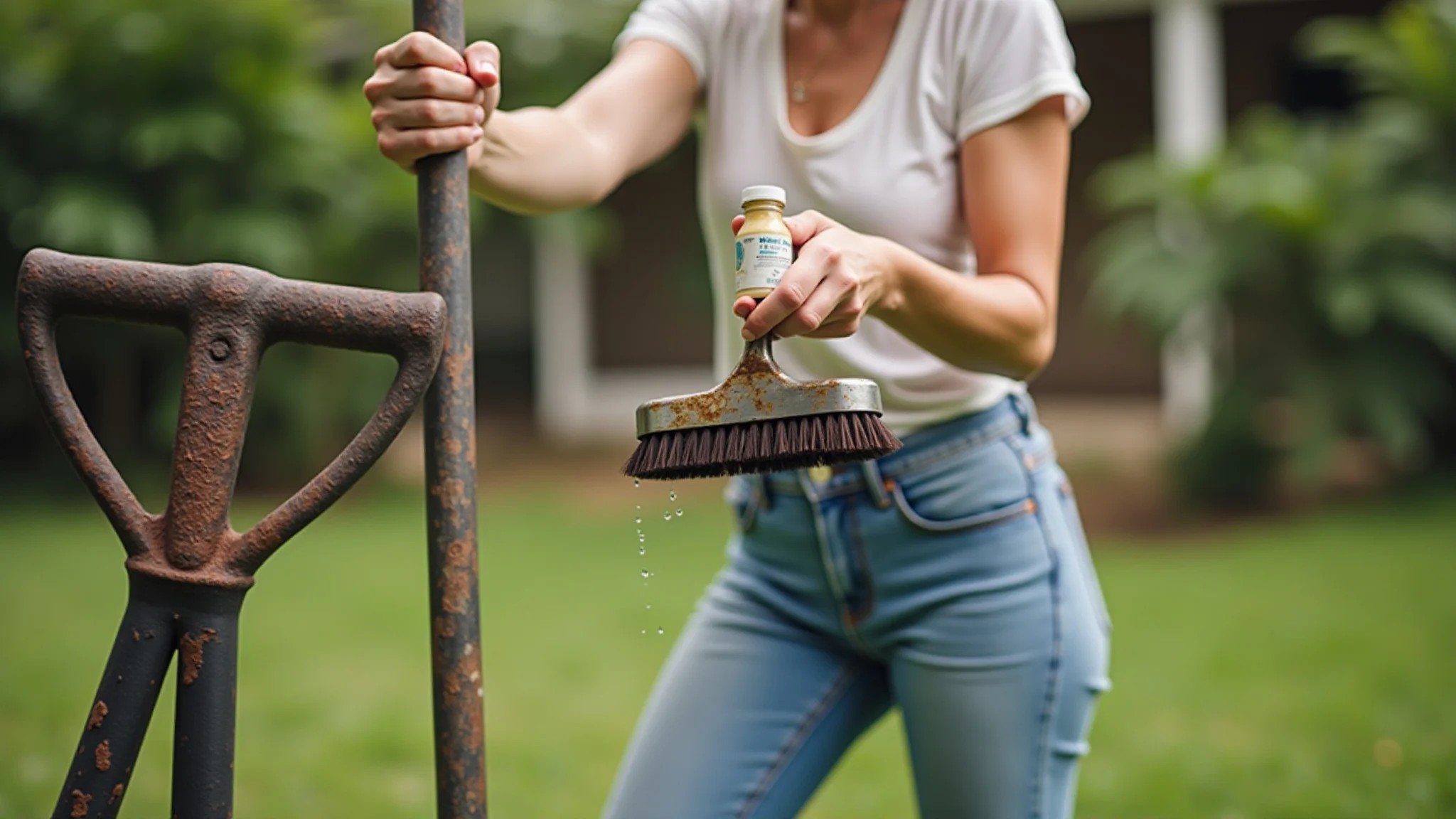 Mulher removendo ferrugem de ferramenta de jardim com vinagre branco.