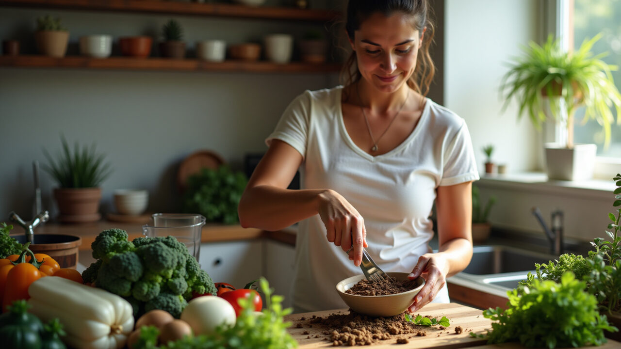 Mulher compostando resíduos orgânicos na cozinha.