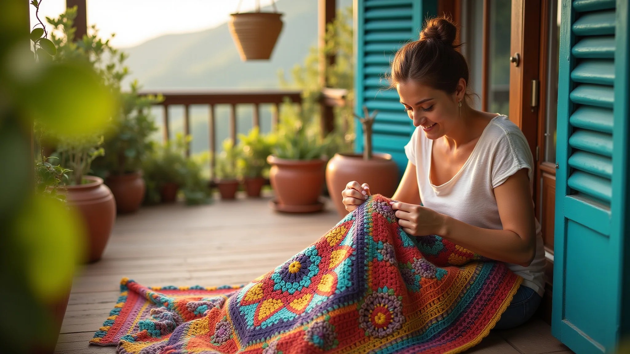 Mulher relaxada crocheteando manta colorida em varanda ensolarada.