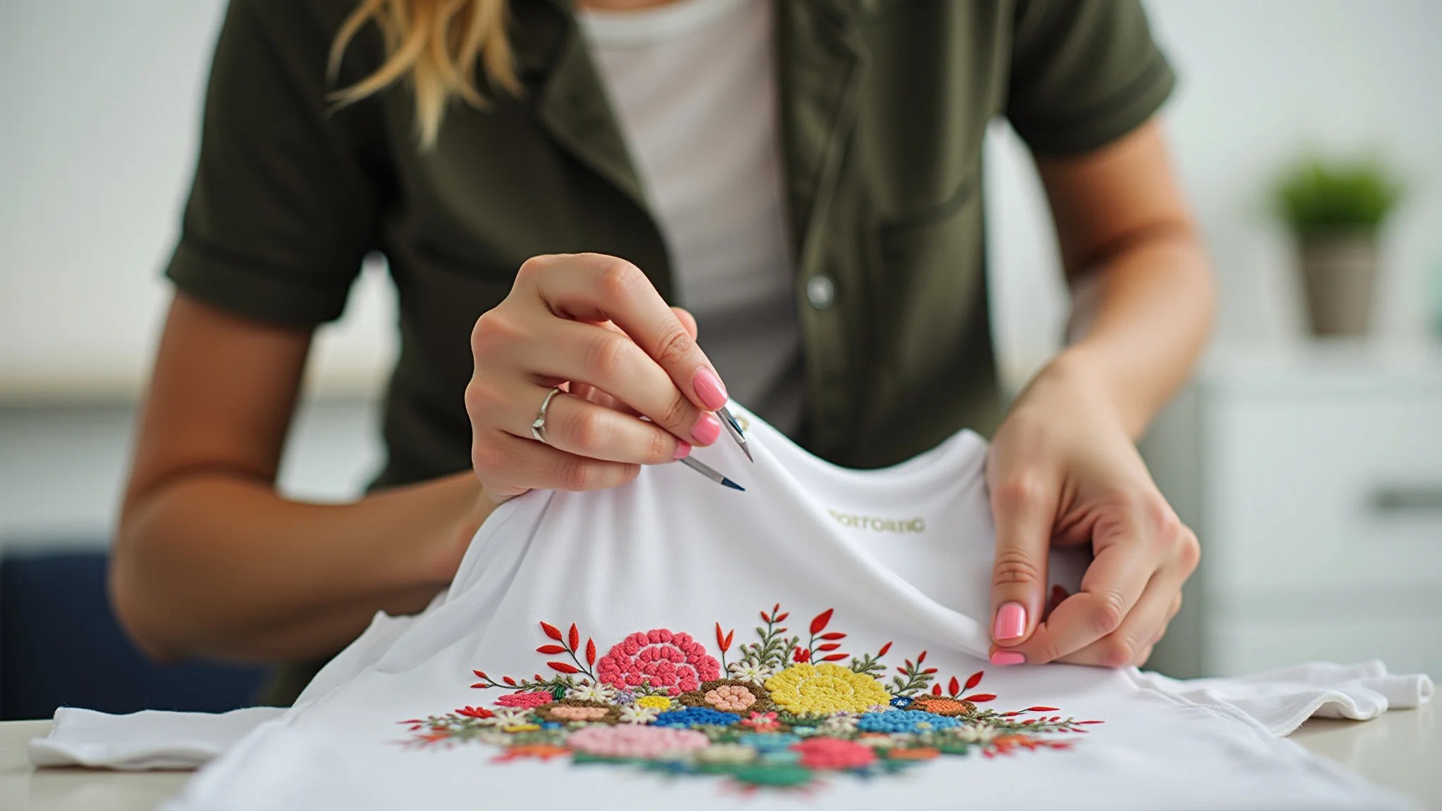 Mulher customizando camiseta básica com bordado colorido.
