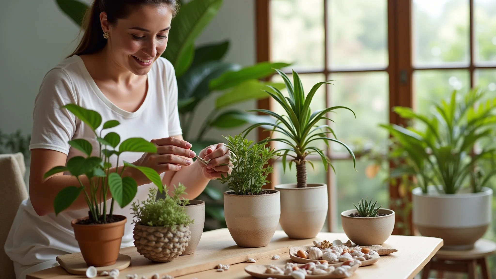 Mulher decorando vasos de plantas com conchas em casa com decoração Farm Rio.