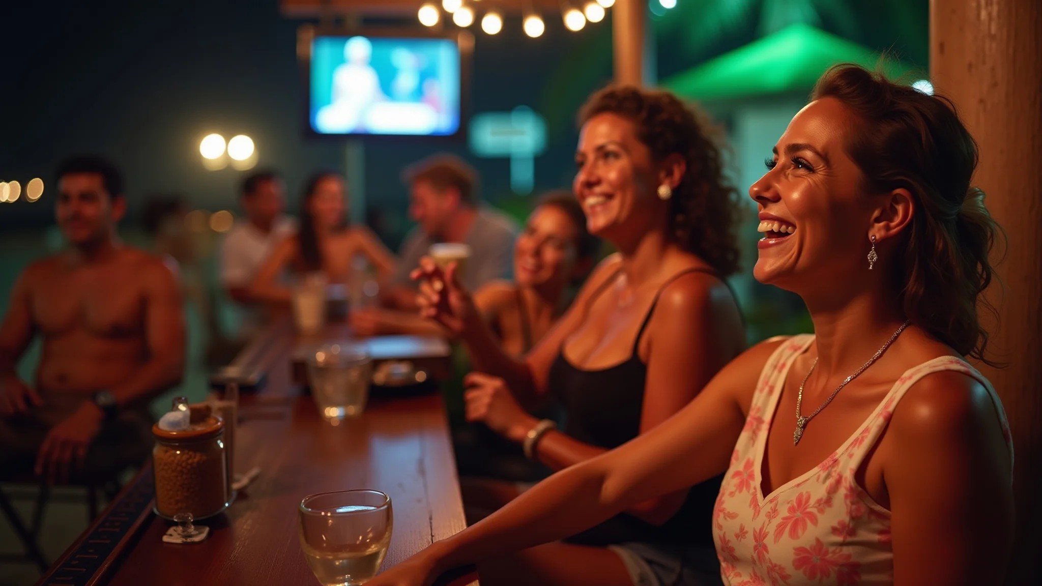 Mulher curtindo música forró ao vivo em bar na praia de Ponta Verde, Maceió.
