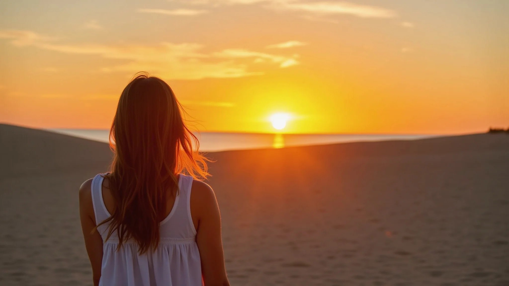 Mulher apreciando o pôr do sol em Jericoacoara, Ceará. Dunas e céu claro.