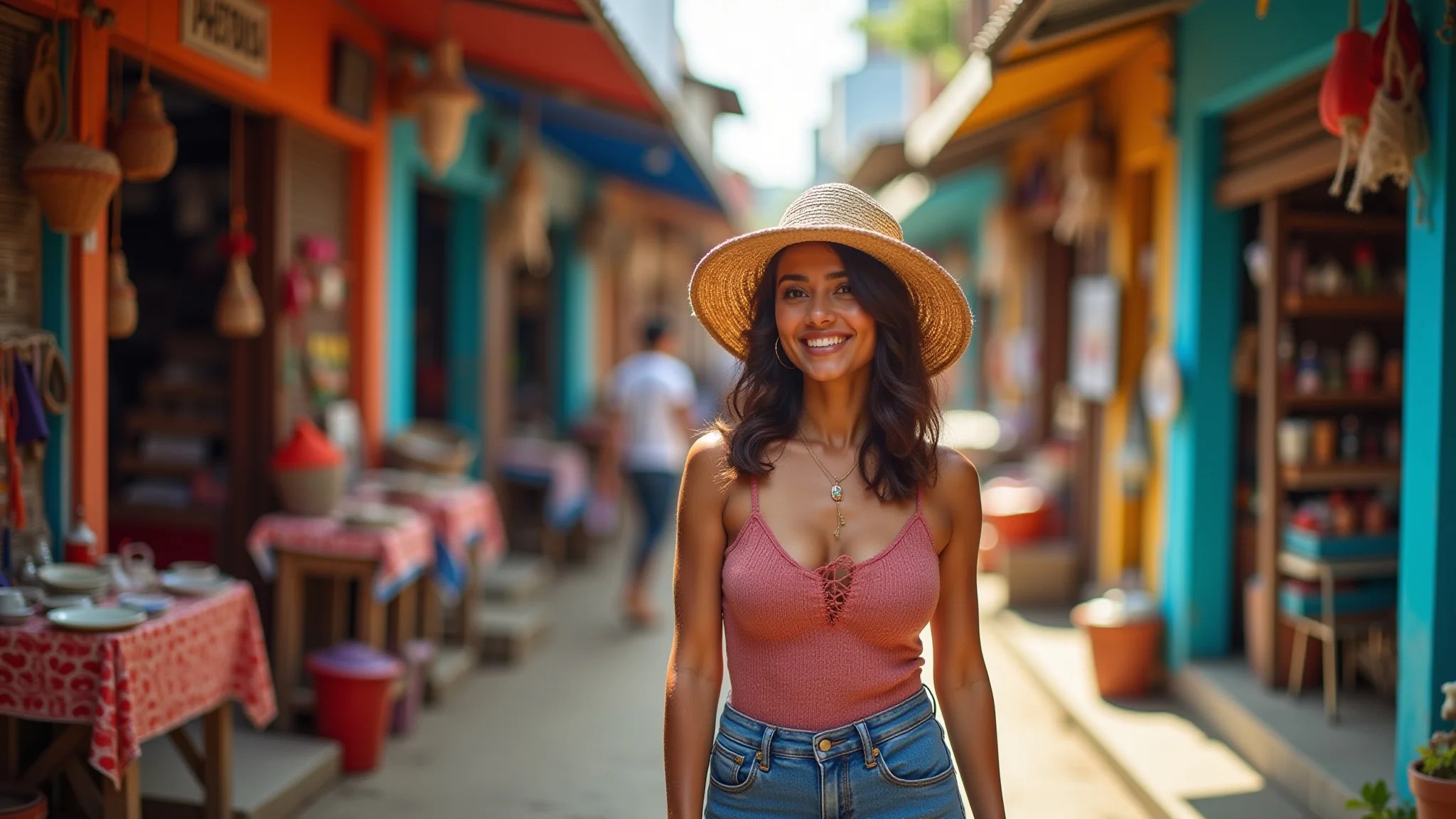 Mulher explorando mercado vibrante na América do Sul, mostrando artesanato e cultura local.